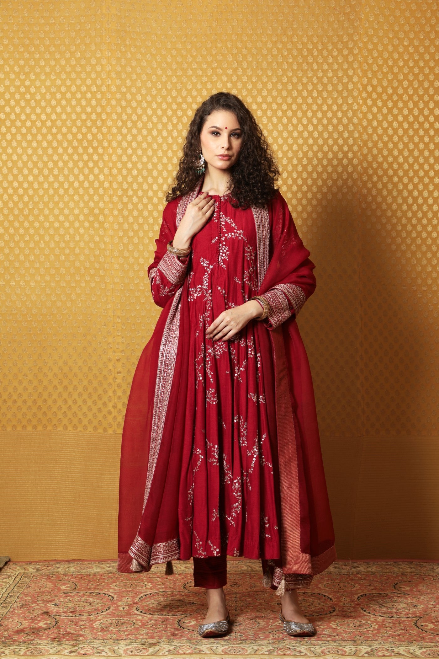 Hand-Embroidered Maroon Pure Muga-Silk Anarkali-Pants Set