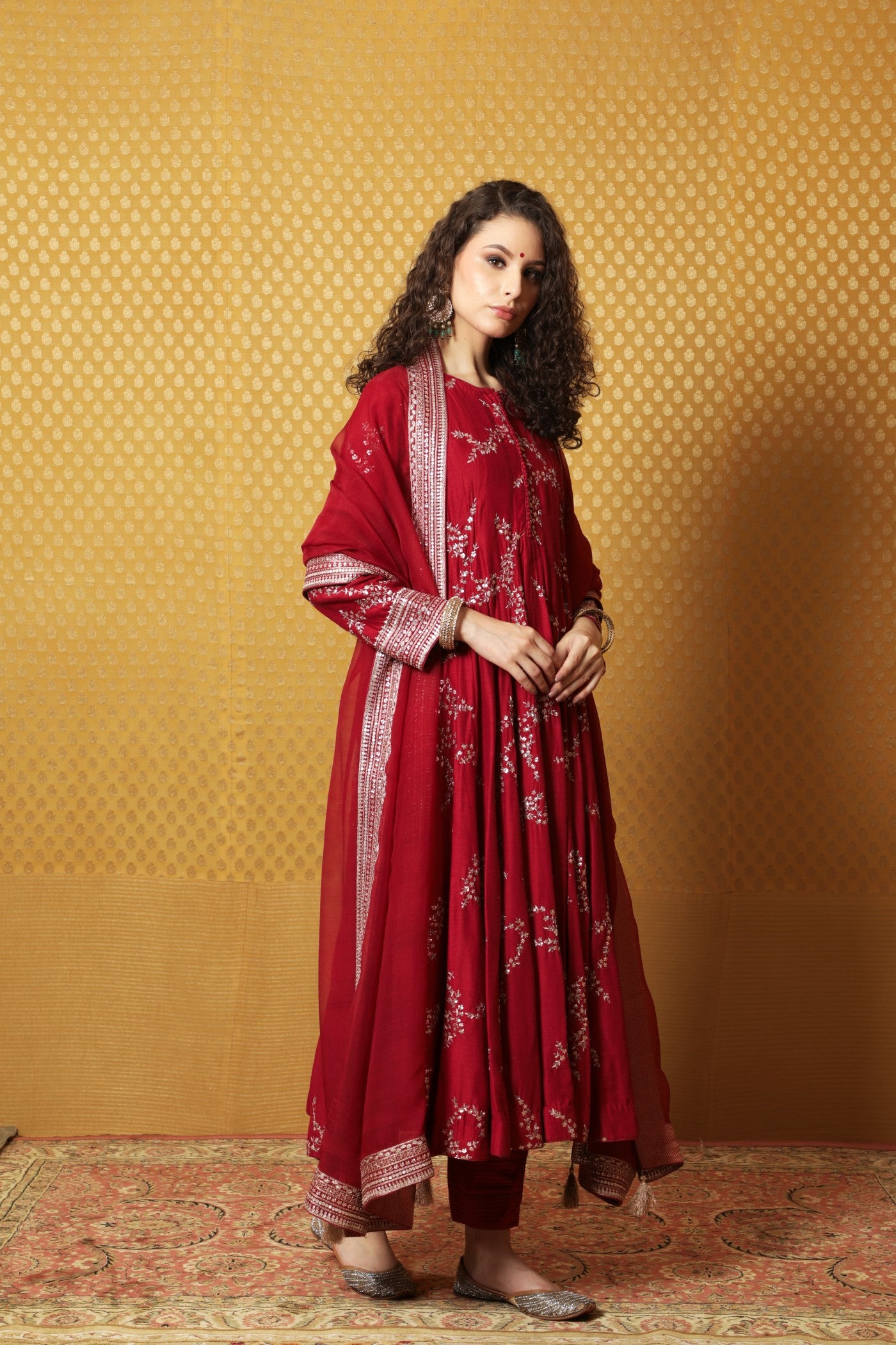Hand-Embroidered Maroon Pure Muga-Silk Anarkali-Pants Set