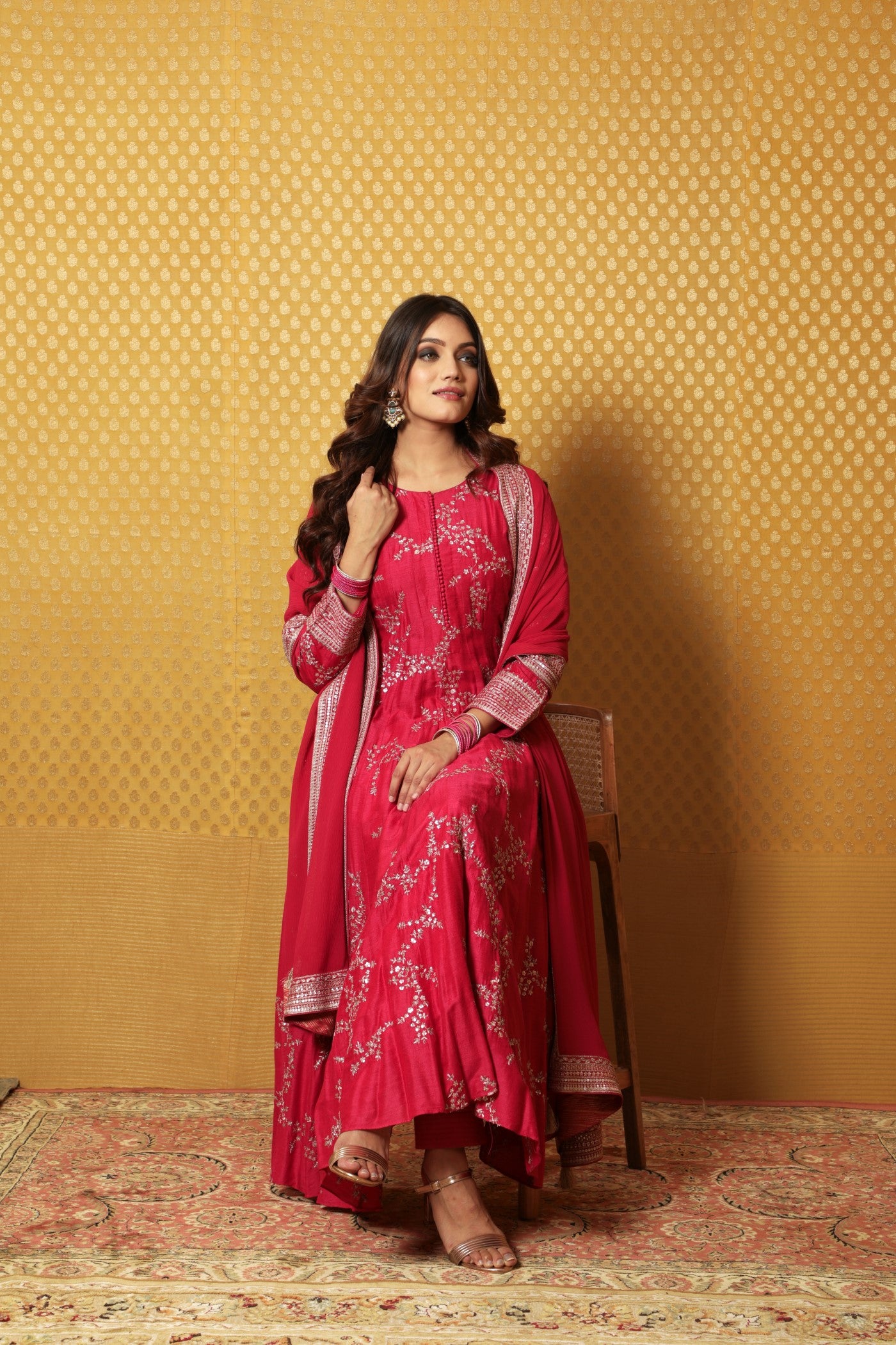 Hand-Embroidered Fuchsia-Pink Pure Muga-Silk Anarkali-Pants Set