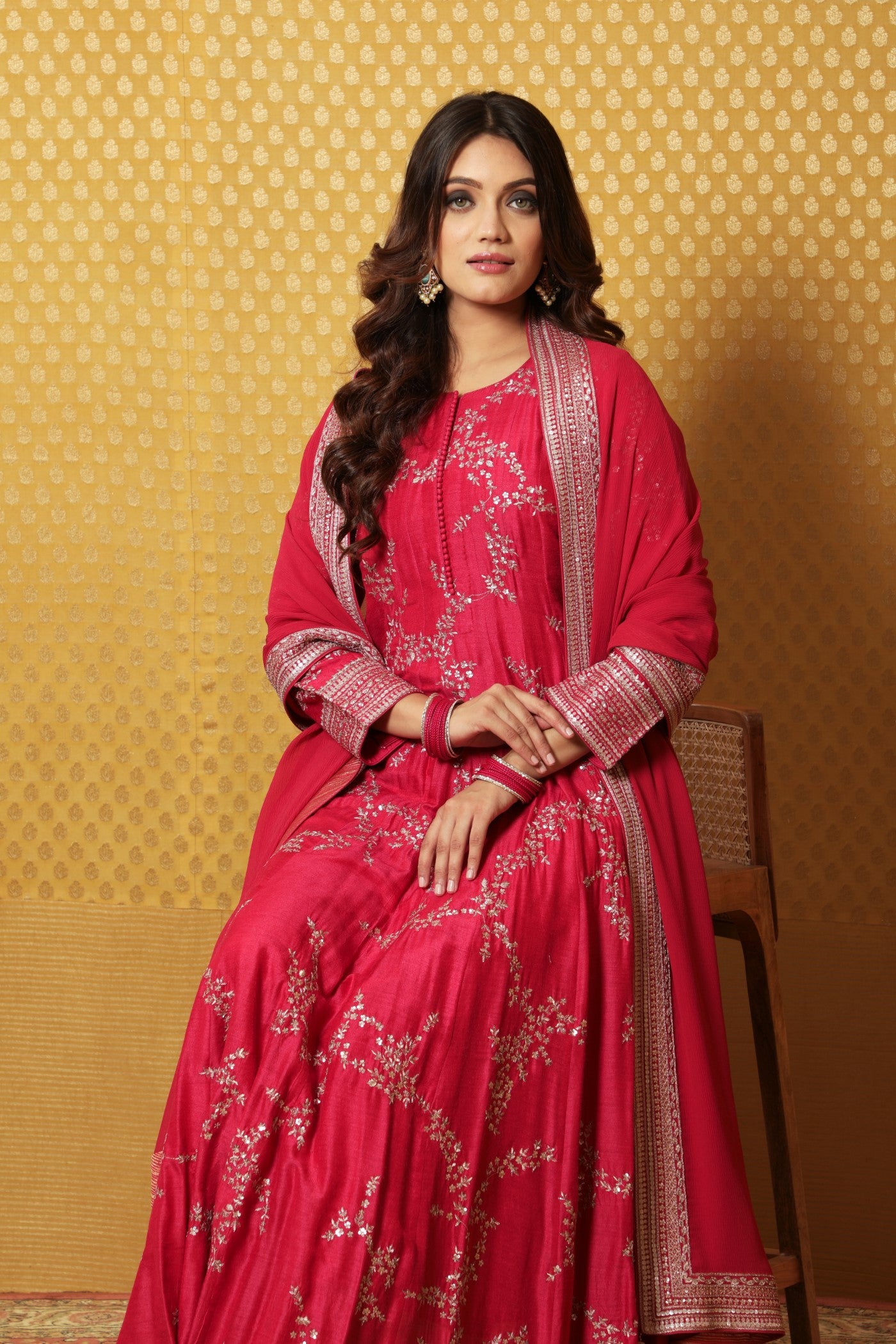 Hand-Embroidered Fuchsia-Pink Pure Muga-Silk Anarkali-Pants Set