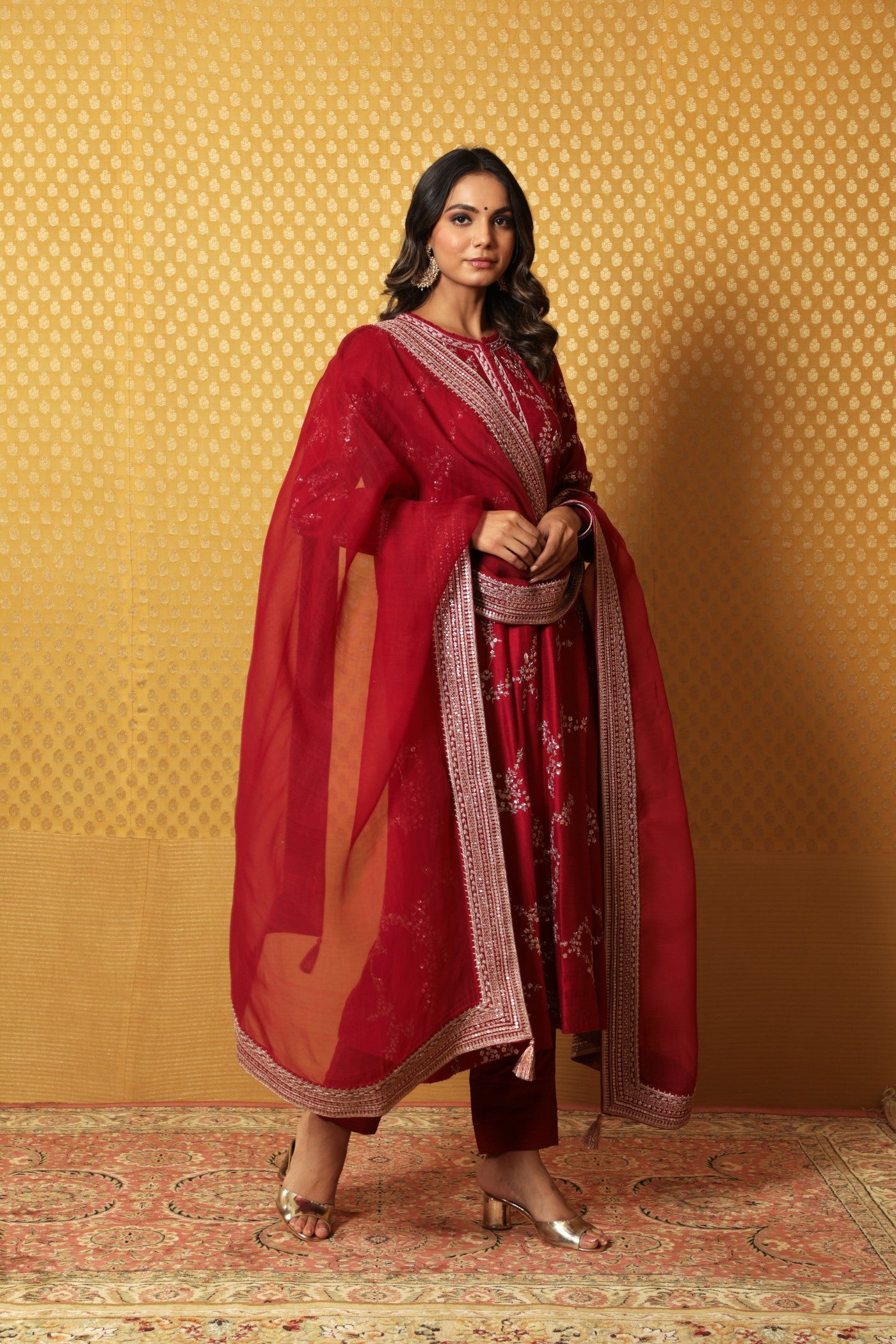 Hand-Embroidered Maroon Pure Muga-Silk Kurta-Pants Set
