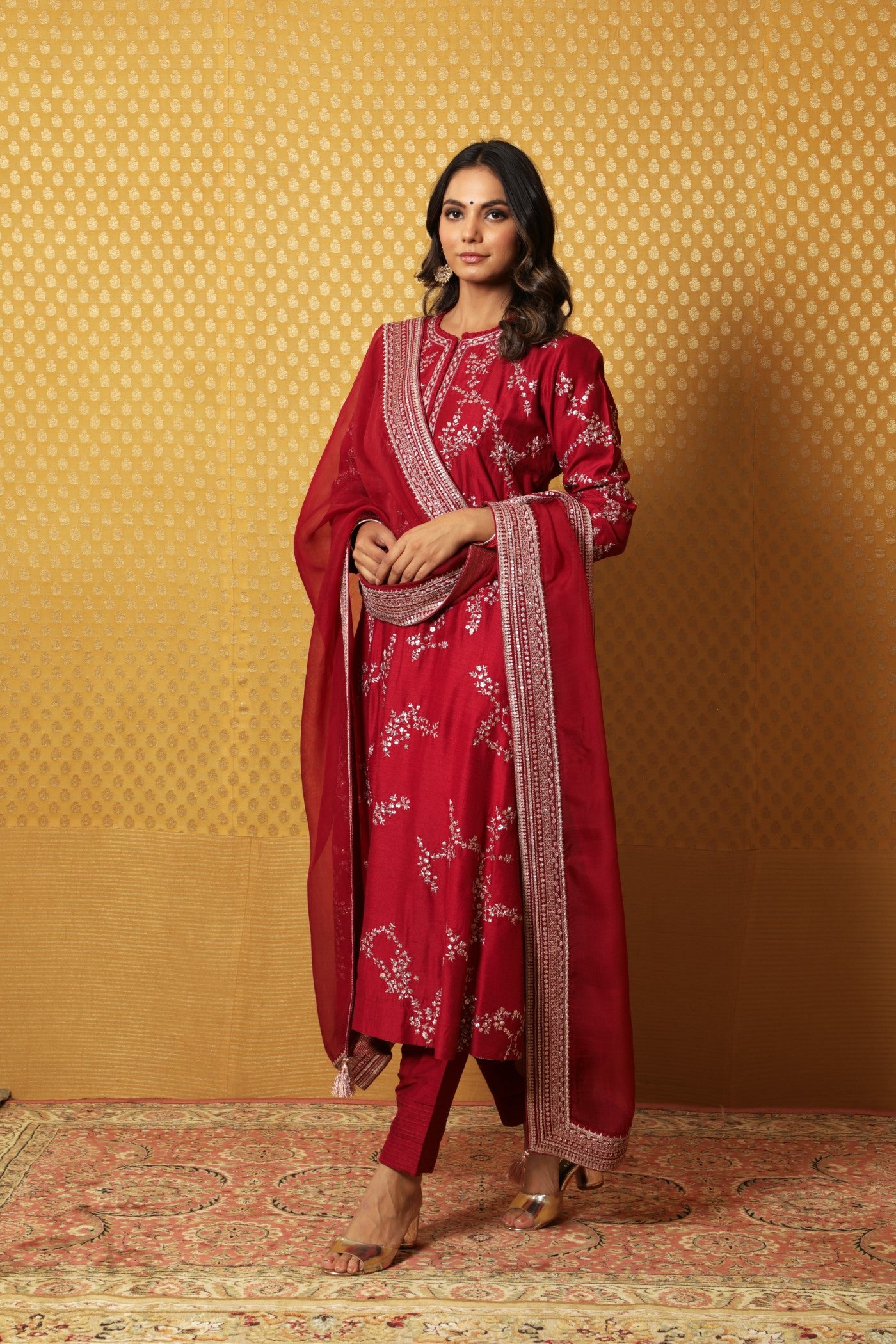 Hand-Embroidered Maroon Pure Muga-Silk Kurta-Pants Set