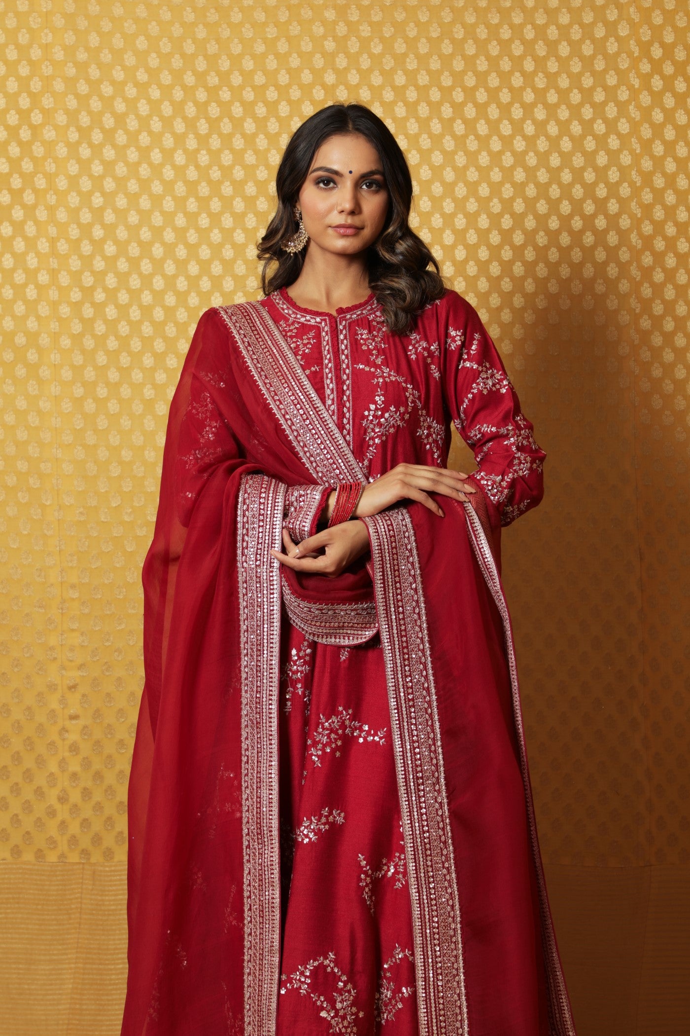 Hand-Embroidered Maroon Pure Muga-Silk Kurta-Pants Set