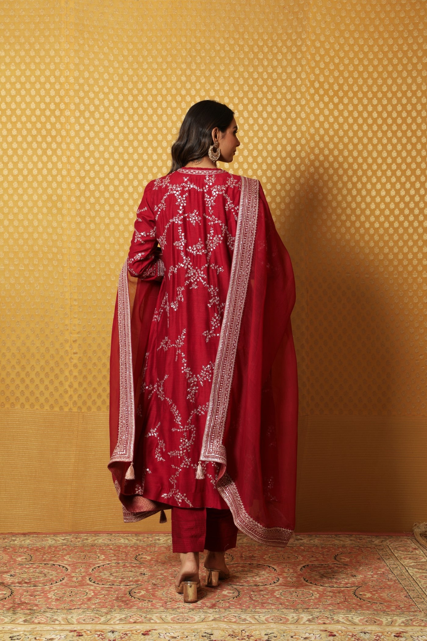 Hand-Embroidered Maroon Pure Muga-Silk Kurta-Pants Set