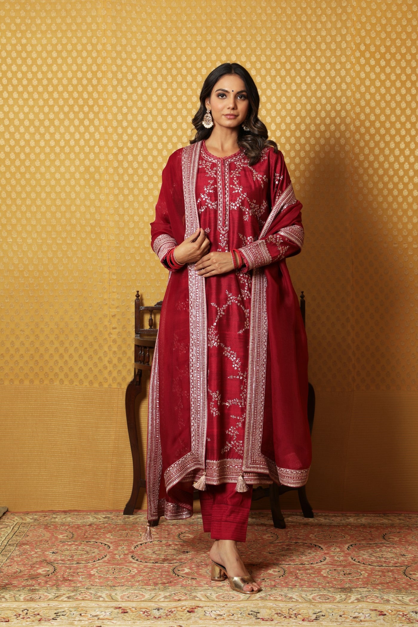 Hand-Embroidered Maroon Pure Tussar- Georgette Kurta-Pants Set