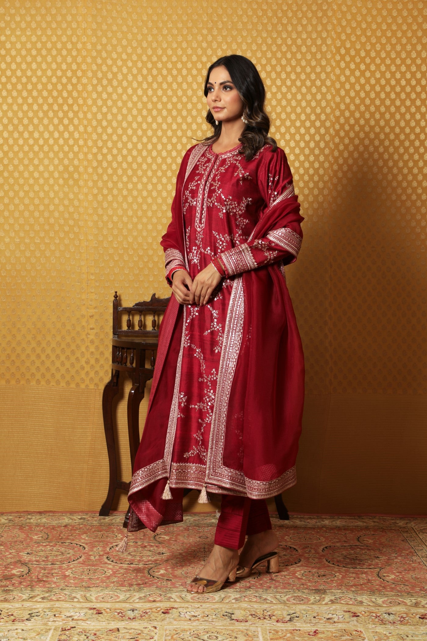 Hand-Embroidered Maroon Pure Tussar- Georgette Kurta-Pants Set
