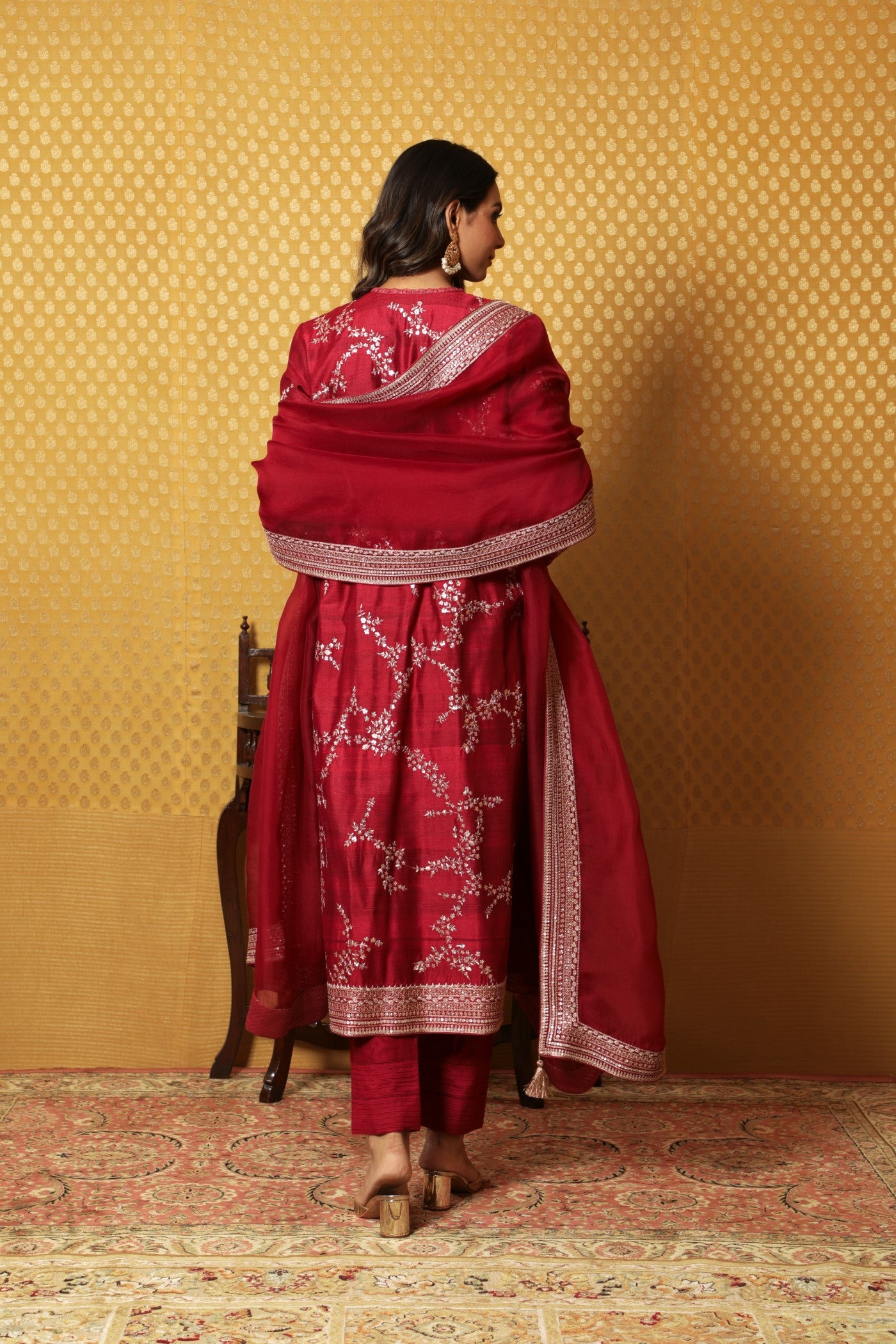 Hand-Embroidered Maroon Pure Tussar- Georgette Kurta-Pants Set