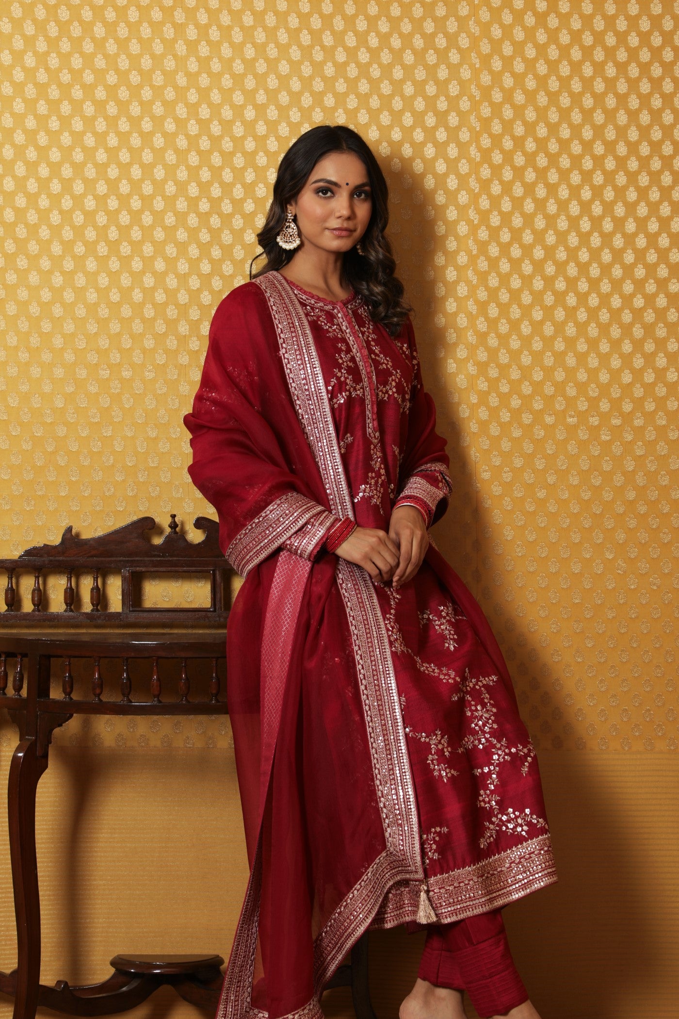 Hand-Embroidered Maroon Pure Tussar- Georgette Kurta-Pants Set