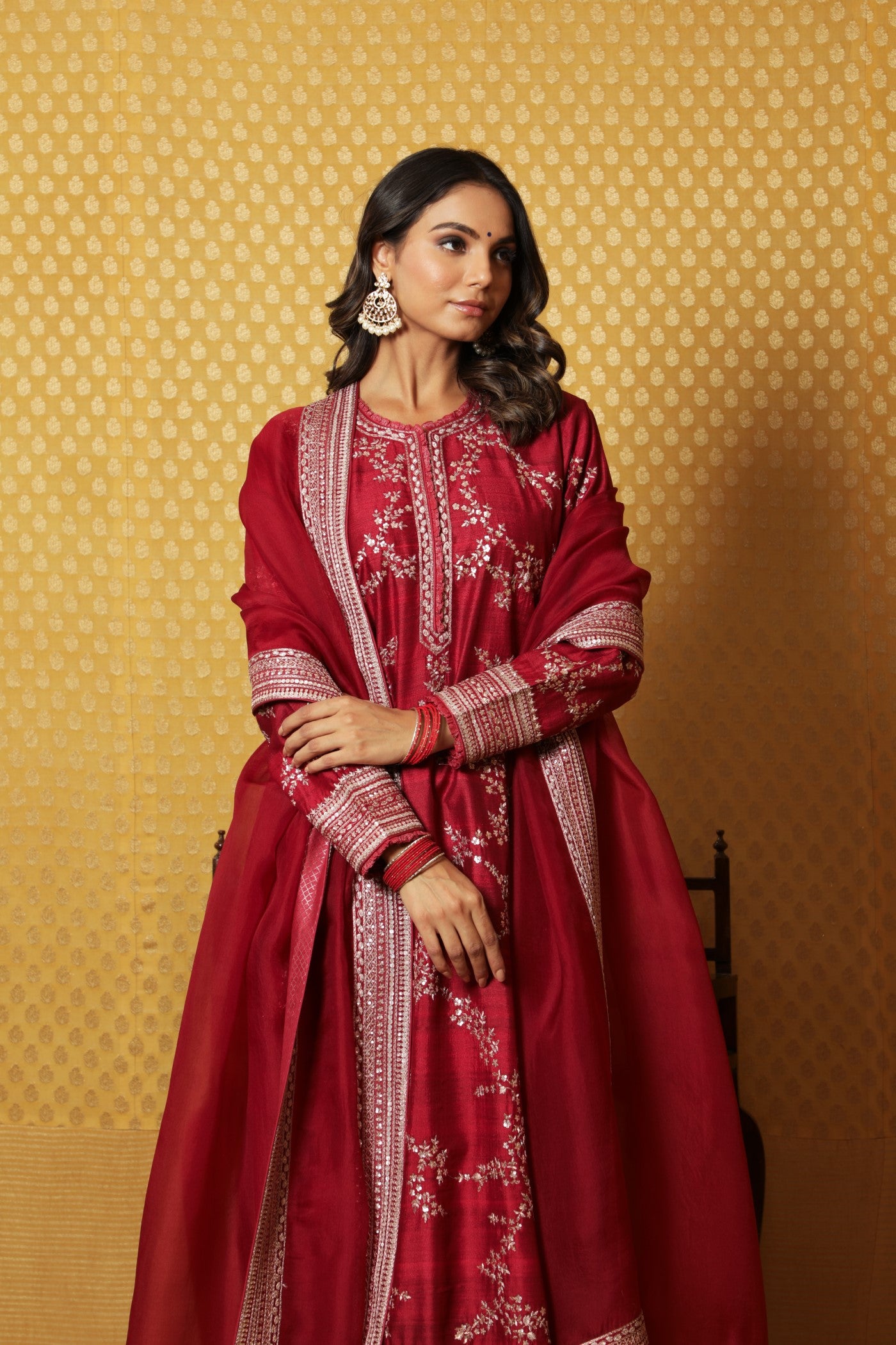Hand-Embroidered Maroon Pure Tussar- Georgette Kurta-Pants Set