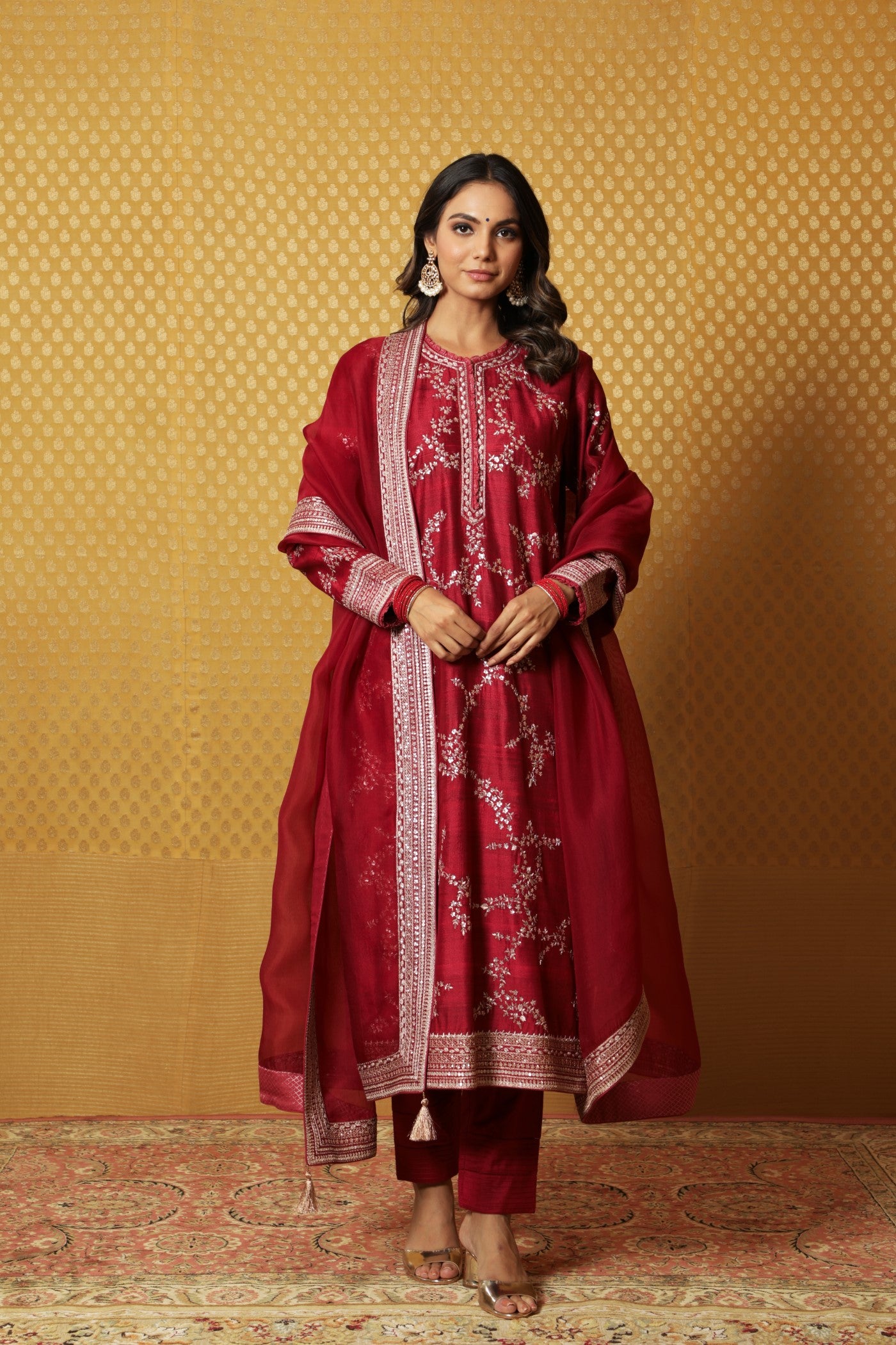 Hand-Embroidered Maroon Pure Tussar- Georgette Kurta-Pants Set