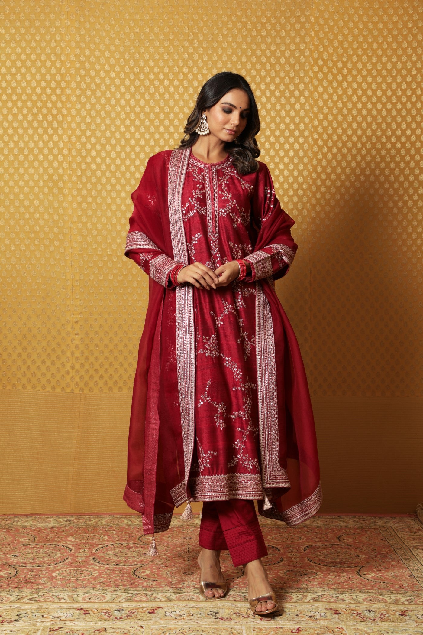 Hand-Embroidered Maroon Pure Tussar- Georgette Kurta-Pants Set