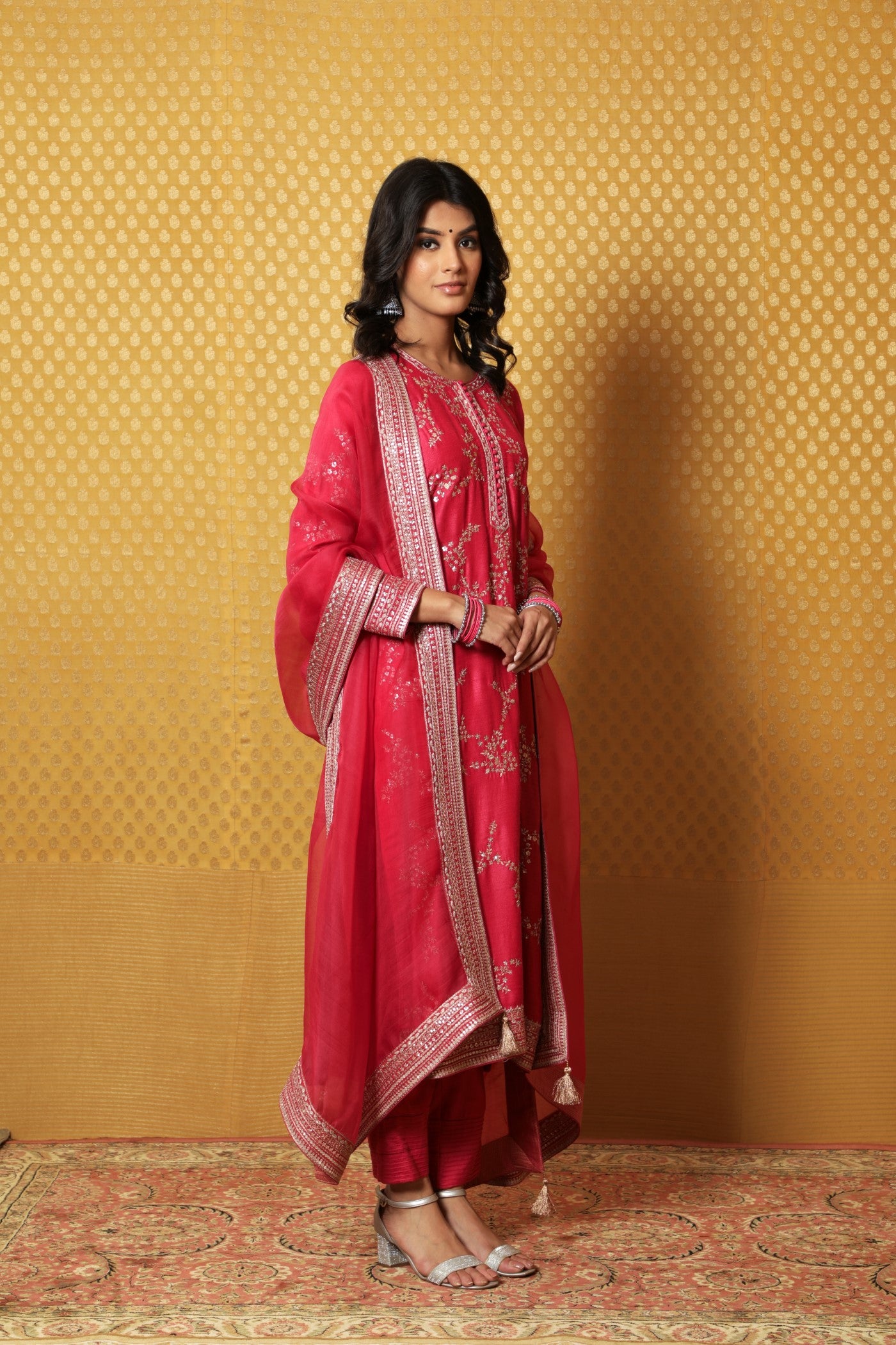 Hand-Embroidered Fuchsia-Pink Pure Muga-Silk Kurta-Pants Set