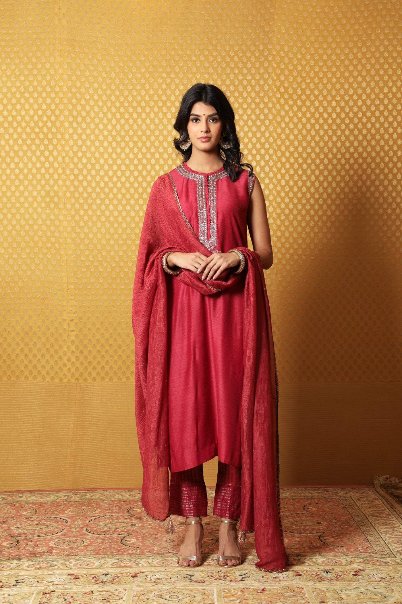 Hand-Embroidered Fuchsia-Pink Pure Muga-Silk Kurta-Pants Set
