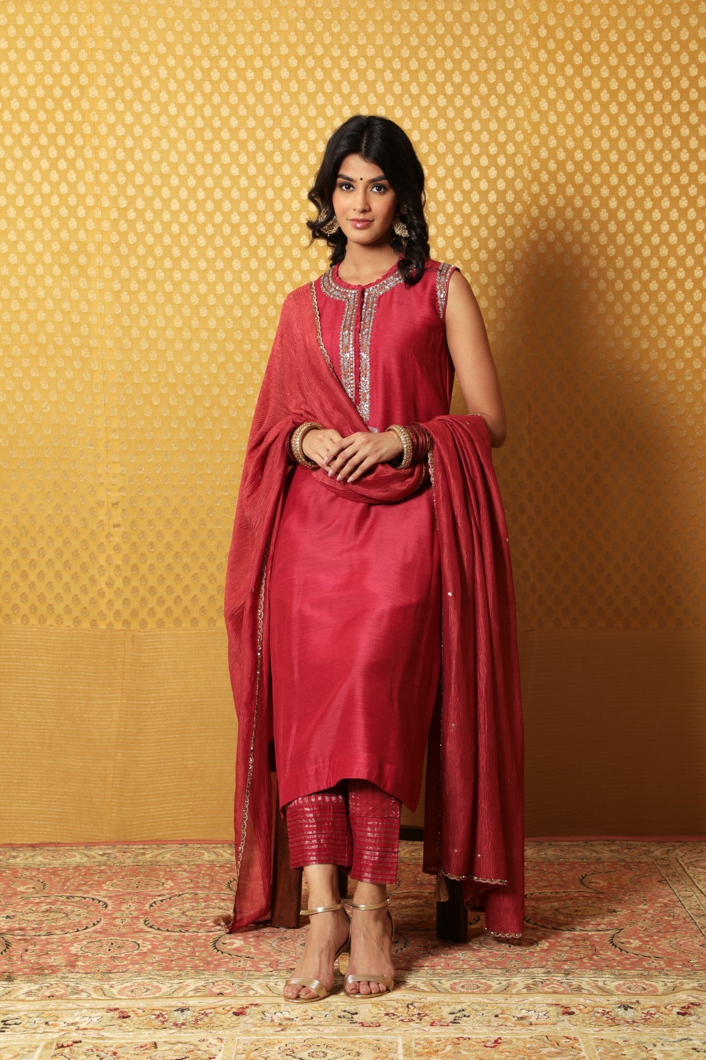 Hand-Embroidered Fuchsia-Pink Pure Muga-Silk Kurta-Pants Set