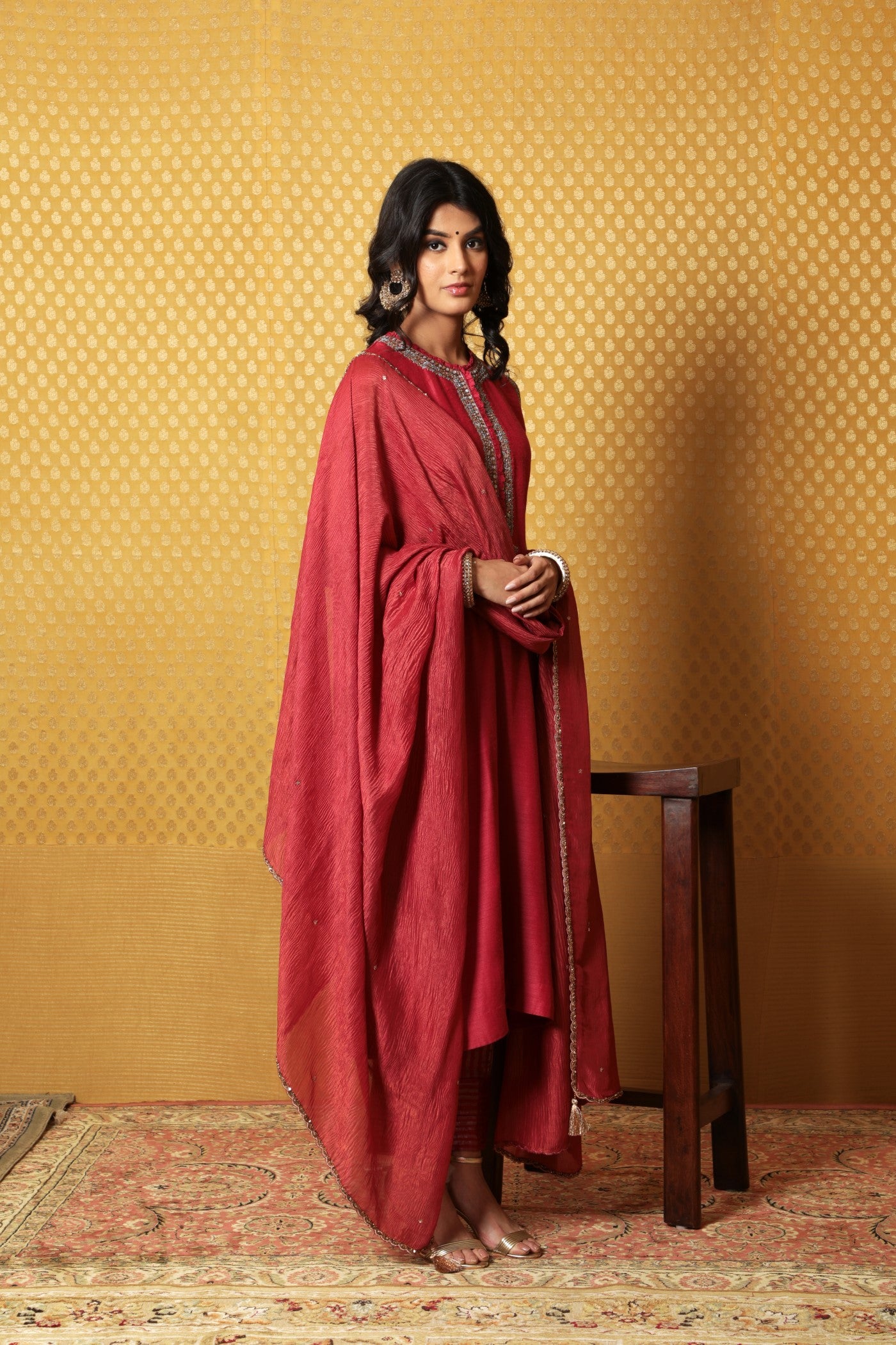 Hand-Embroidered Fuchsia-Pink Pure Muga-Silk Kurta-Pants Set