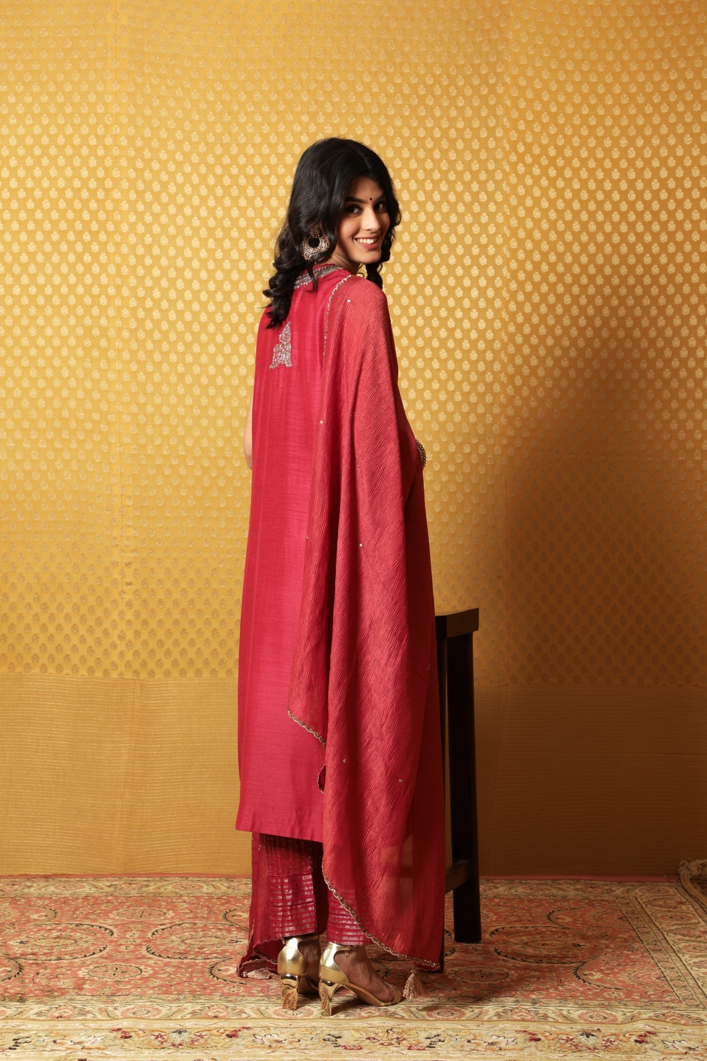Hand-Embroidered Fuchsia-Pink Pure Muga-Silk Kurta-Pants Set