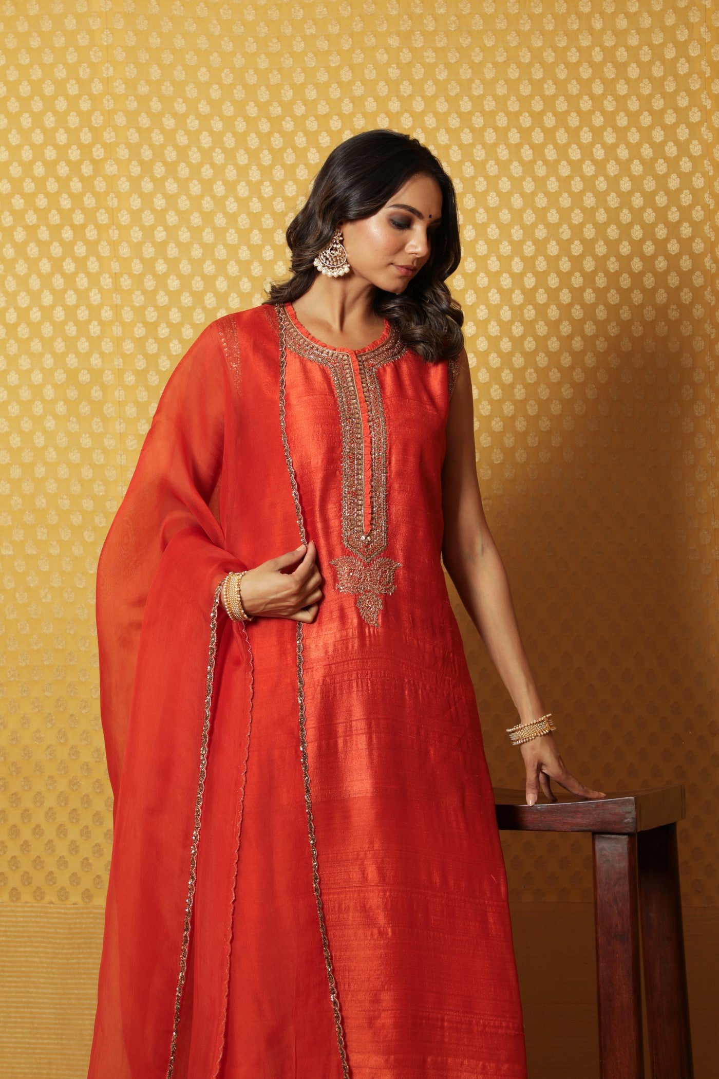 Hand-Embroidered Sinduri-Orange Pure Tussar-Georgette Kurta-Pants Set
