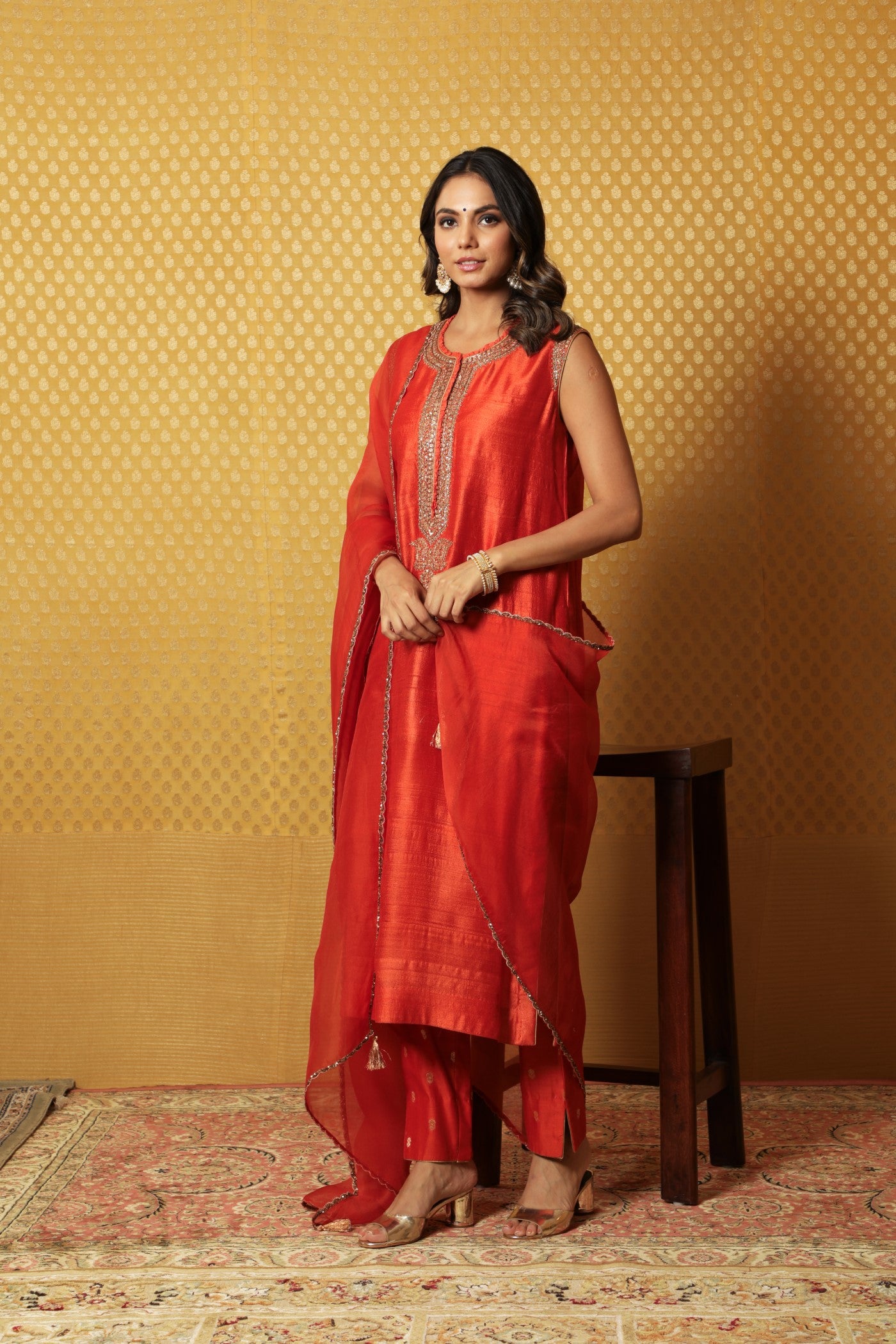 Hand-Embroidered Sinduri-Orange Pure Tussar-Georgette Kurta-Pants Set