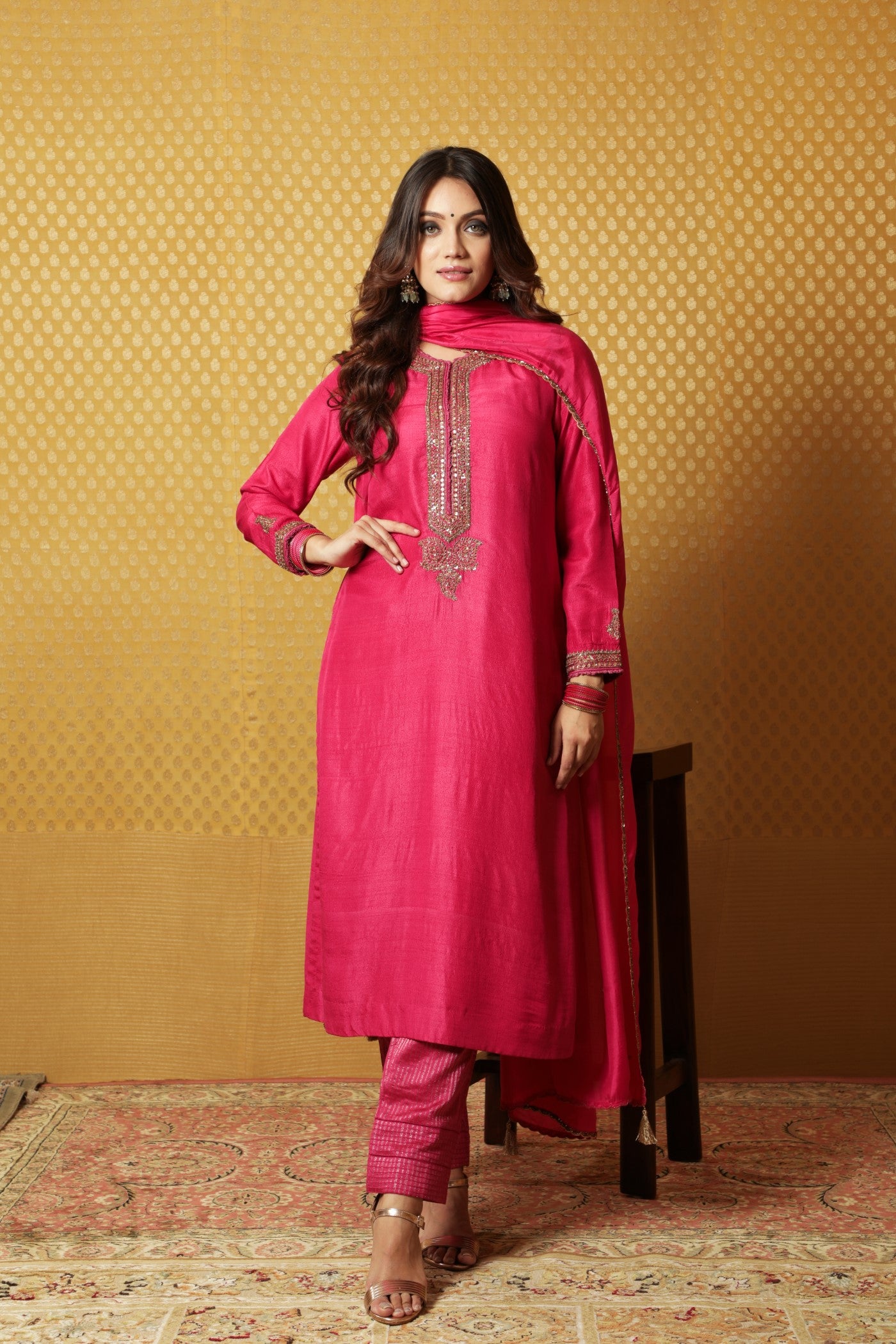 Hand-Embroidered Rani-Pink Pure Tussar- Georgette Kurta-Pants Set