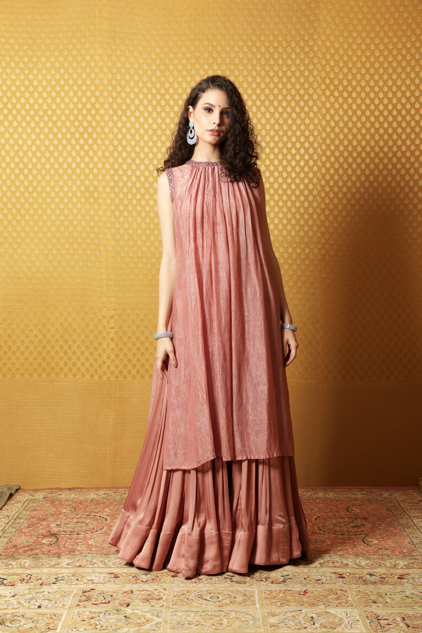 Hand-Embroidered Pink-Peach Pure Metallic Crushed Silk-Chiffon Kurta- Sharara-Bustier Set