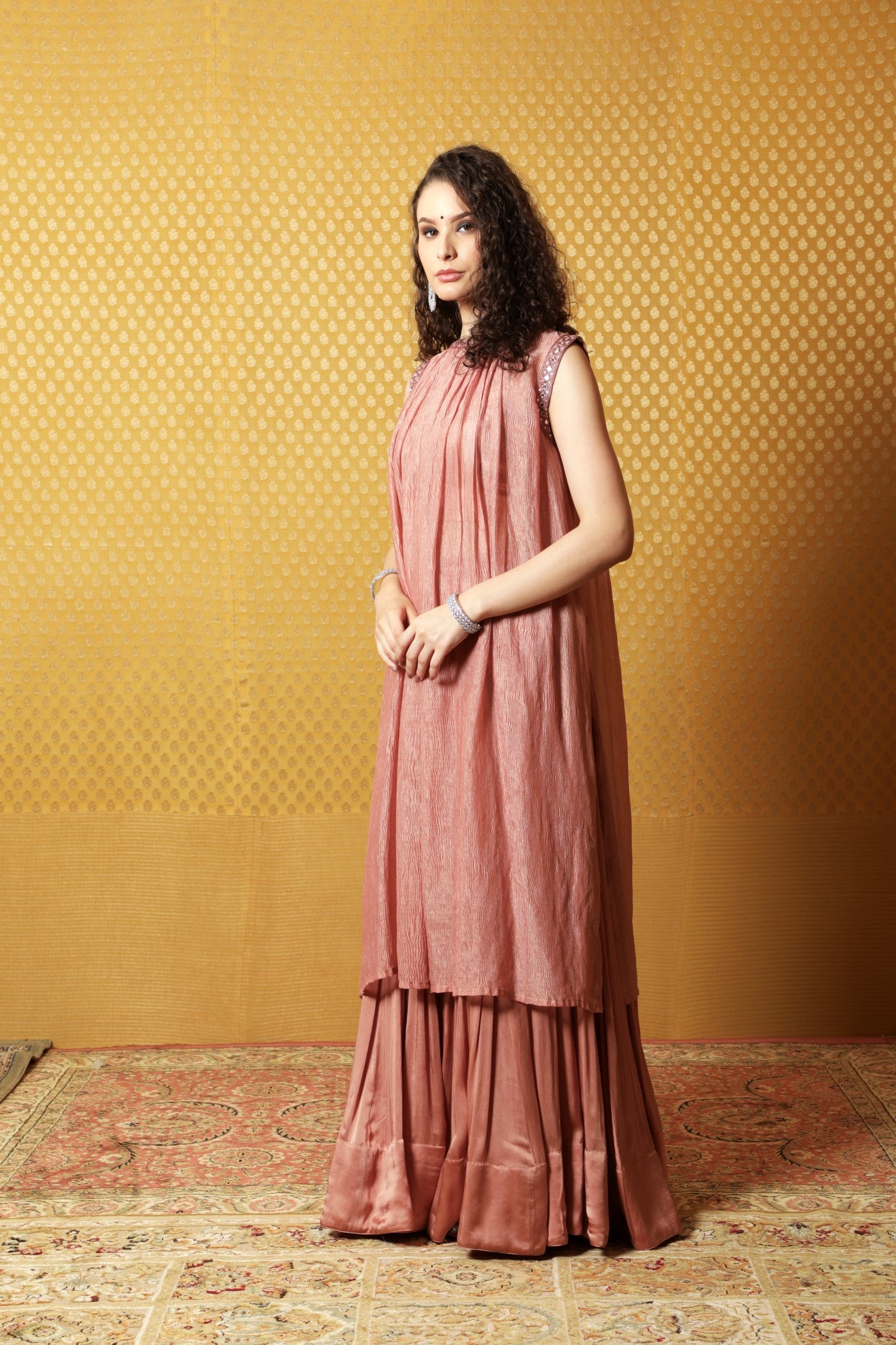 Hand-Embroidered Pink-Peach Pure Metallic Crushed Silk-Chiffon Kurta- Sharara-Bustier Set
