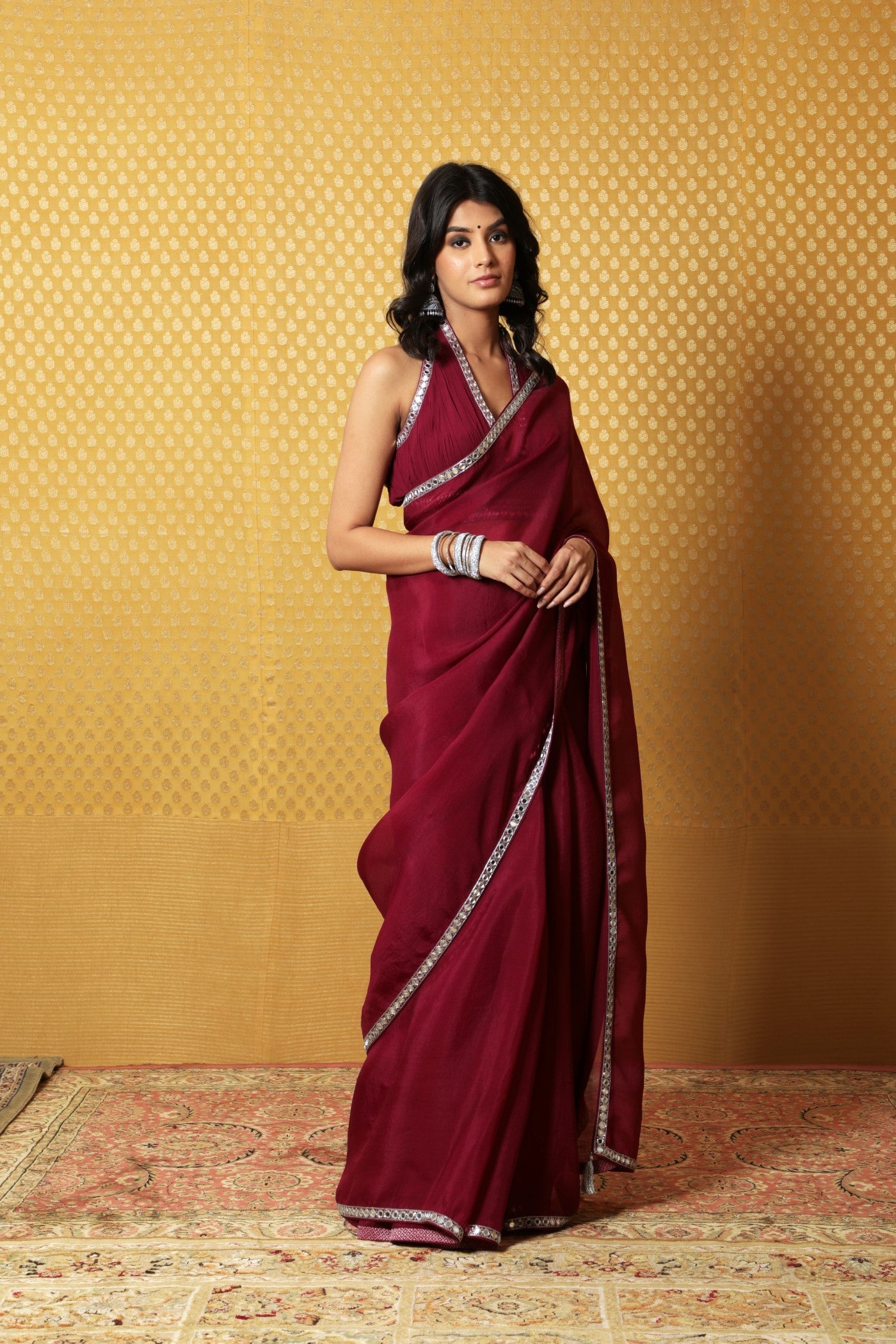 Hand-Embroidered Wine-Coloured Pure Silk-Organza Saree-Blouse Set