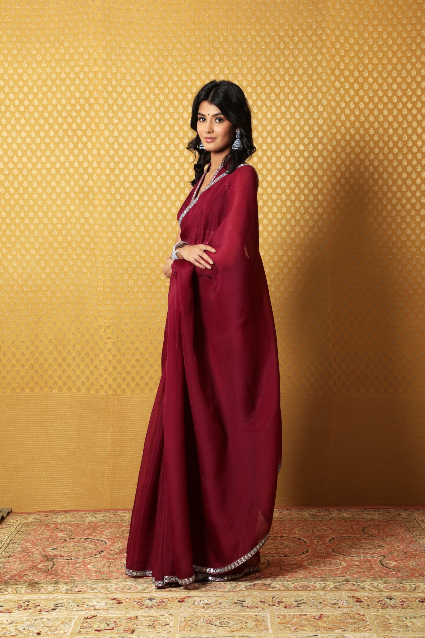Hand-Embroidered Wine-Coloured Pure Silk-Organza Saree-Blouse Set