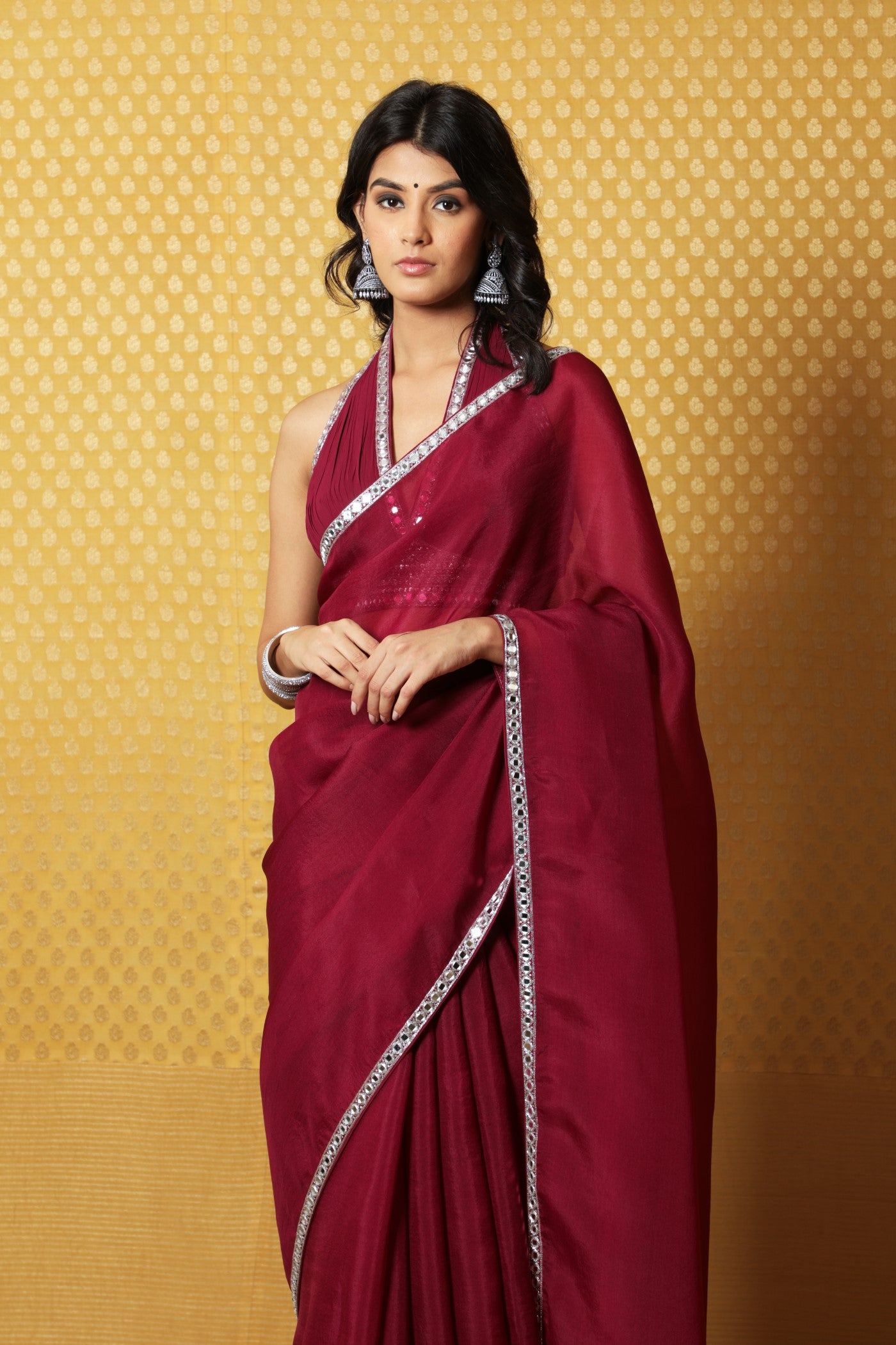 Hand-Embroidered Wine-Coloured Pure Silk-Organza Saree-Blouse Set