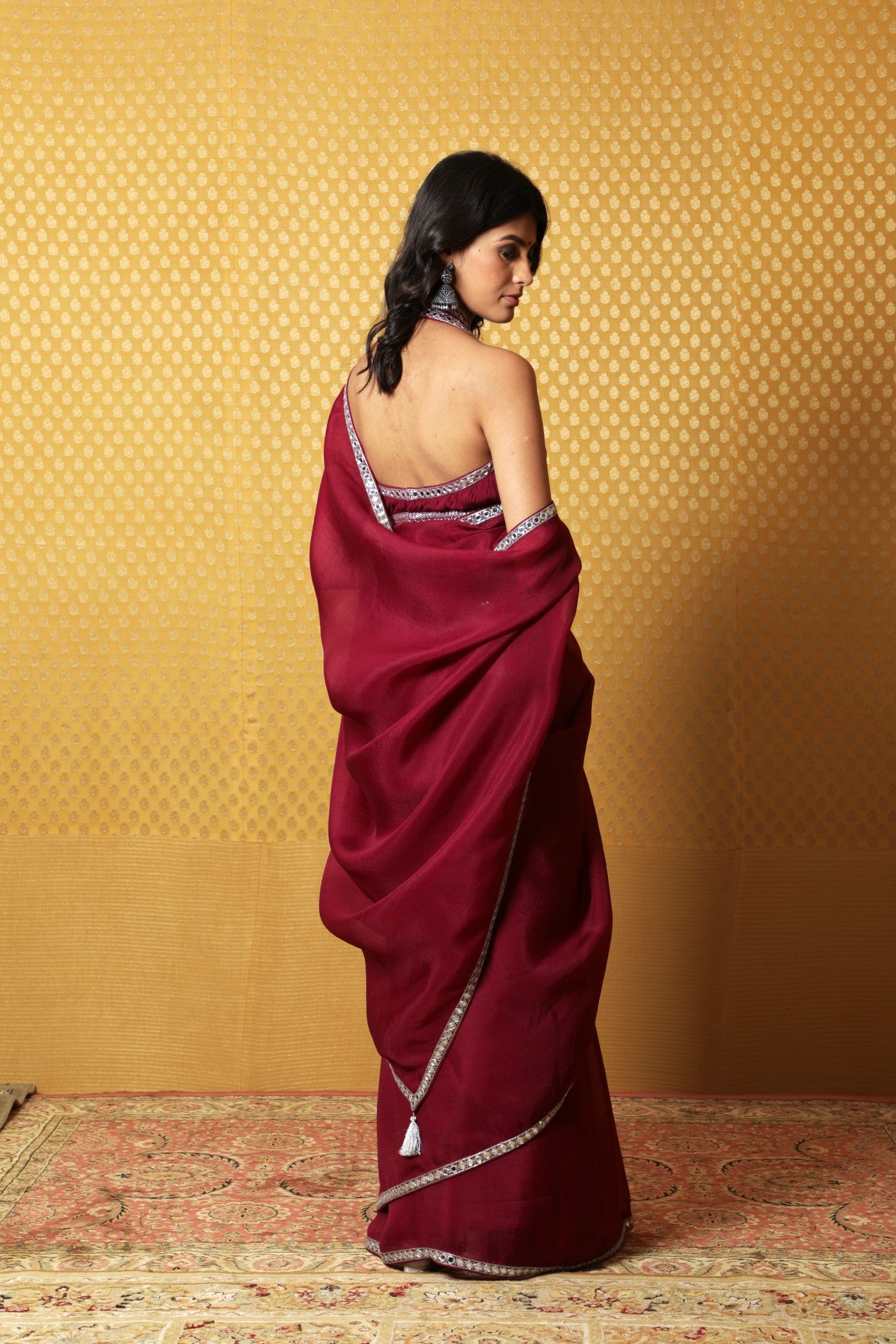 Hand-Embroidered Wine-Coloured Pure Silk-Organza Saree-Blouse Set