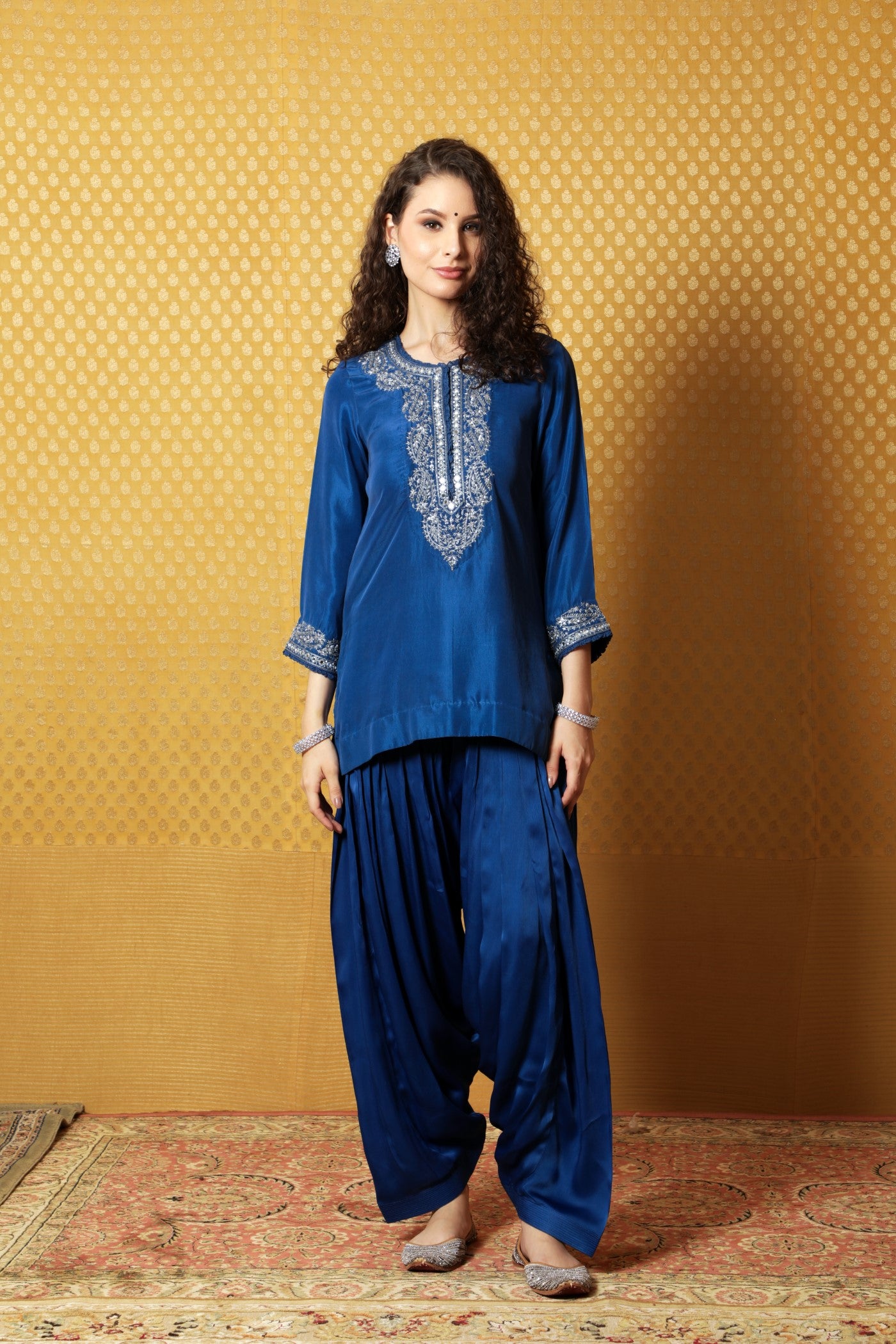 Hand-Embroidered Royal-Blue Pure Silk Short Kurta-Patiala Salwar Set