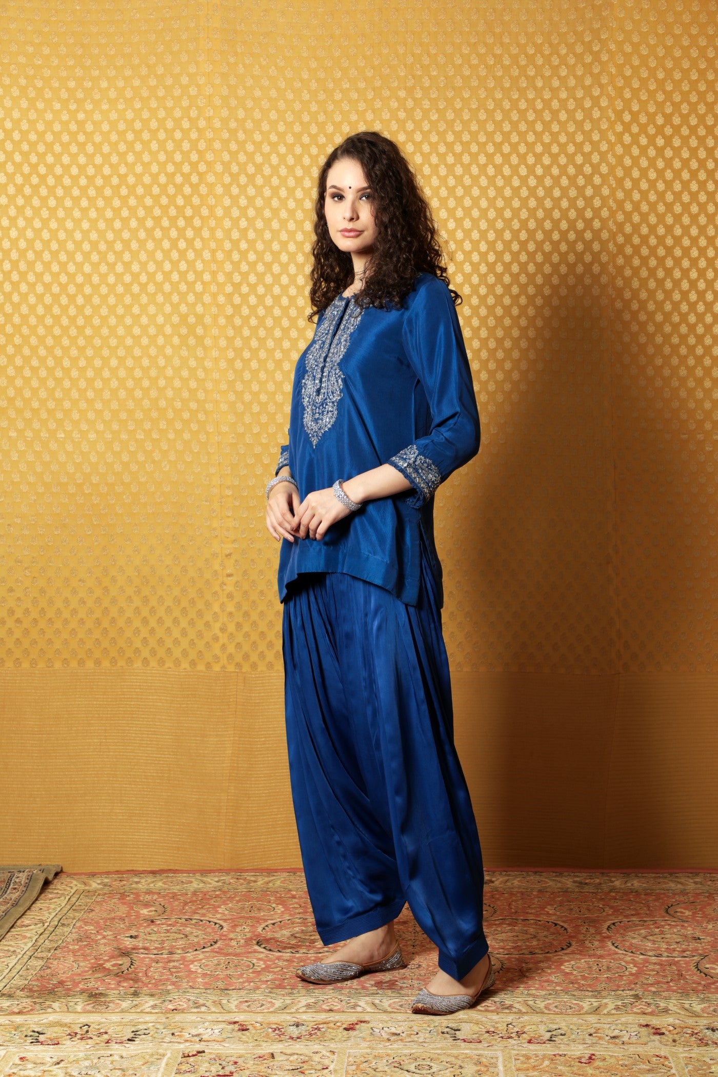 Hand-Embroidered Royal-Blue Pure Silk Short Kurta-Patiala Salwar Set