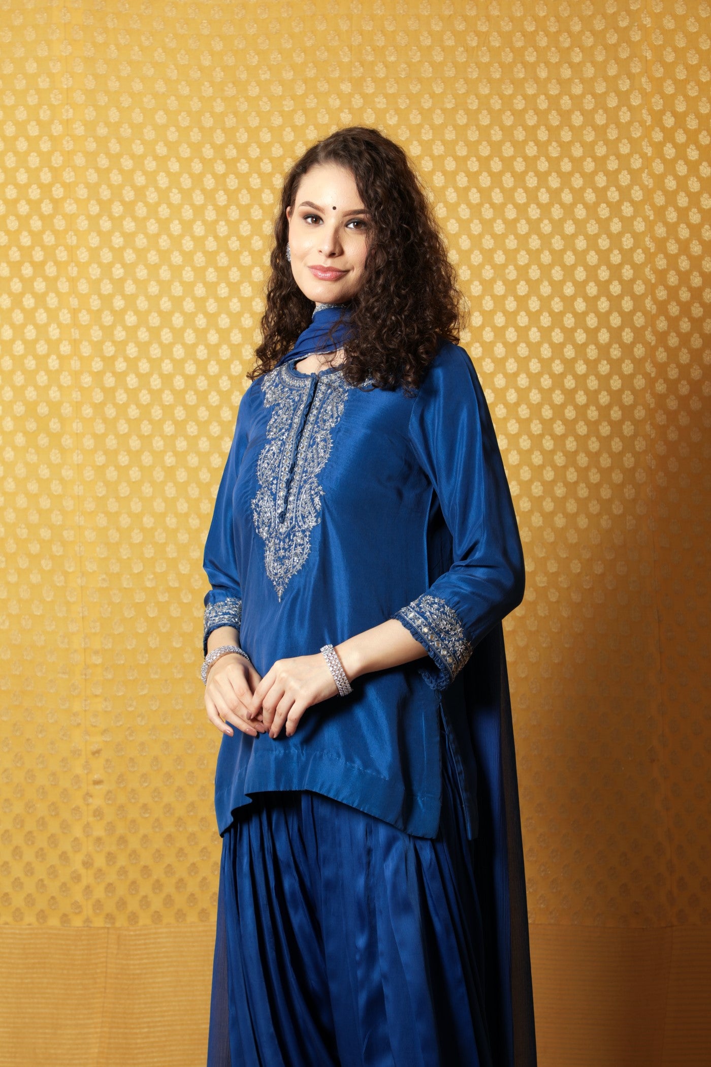 Hand-Embroidered Royal-Blue Pure Silk Short Kurta-Patiala Salwar Set