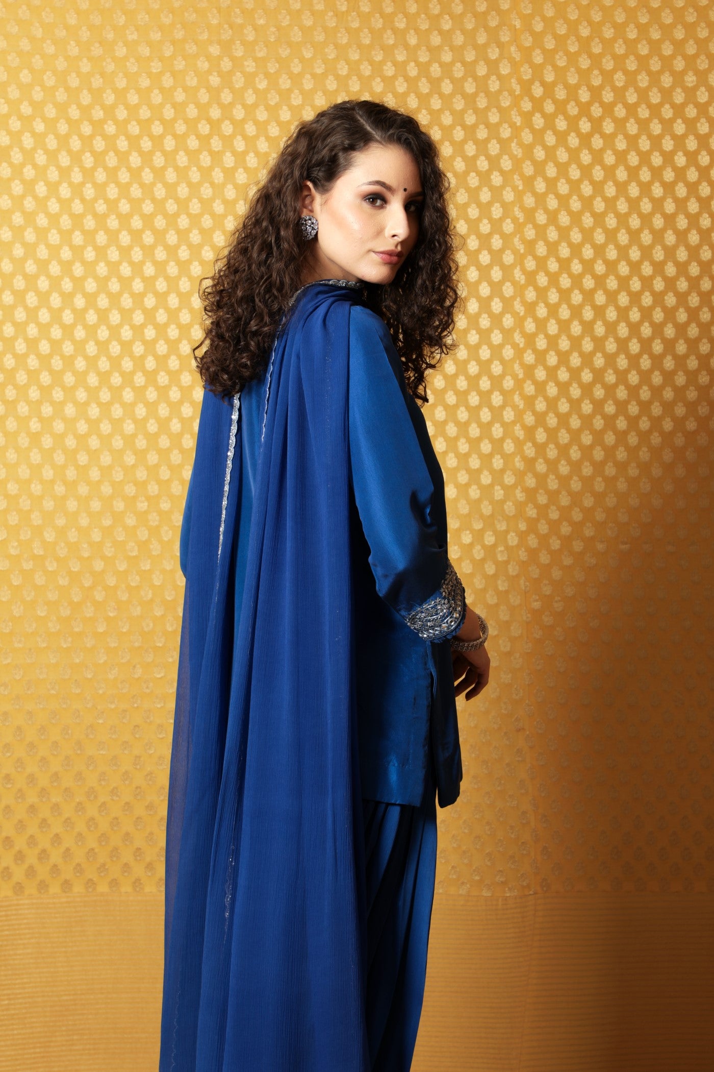 Hand-Embroidered Royal-Blue Pure Silk Short Kurta-Patiala Salwar Set