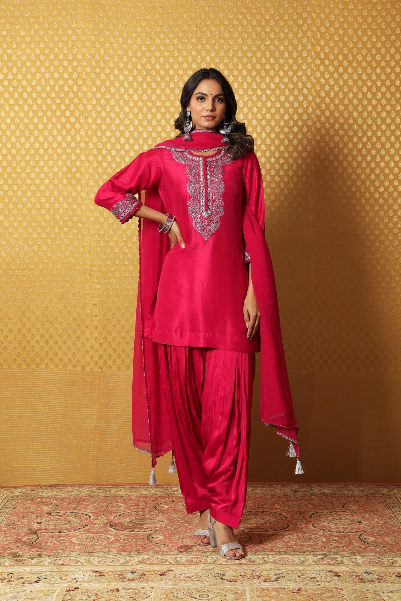 Hand-Embroidered Rani-Pink Pure Raw-Silk Short Kurta-Patiala Salwar Set