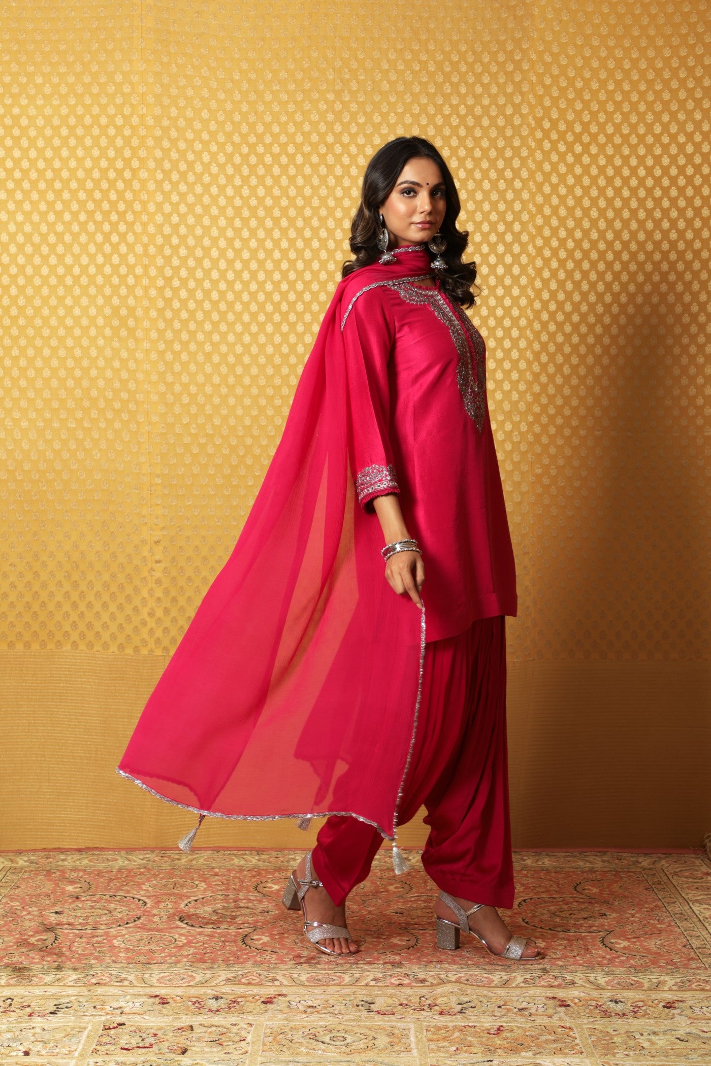 Hand-Embroidered Rani-Pink Pure Raw-Silk Short Kurta-Patiala Salwar Set