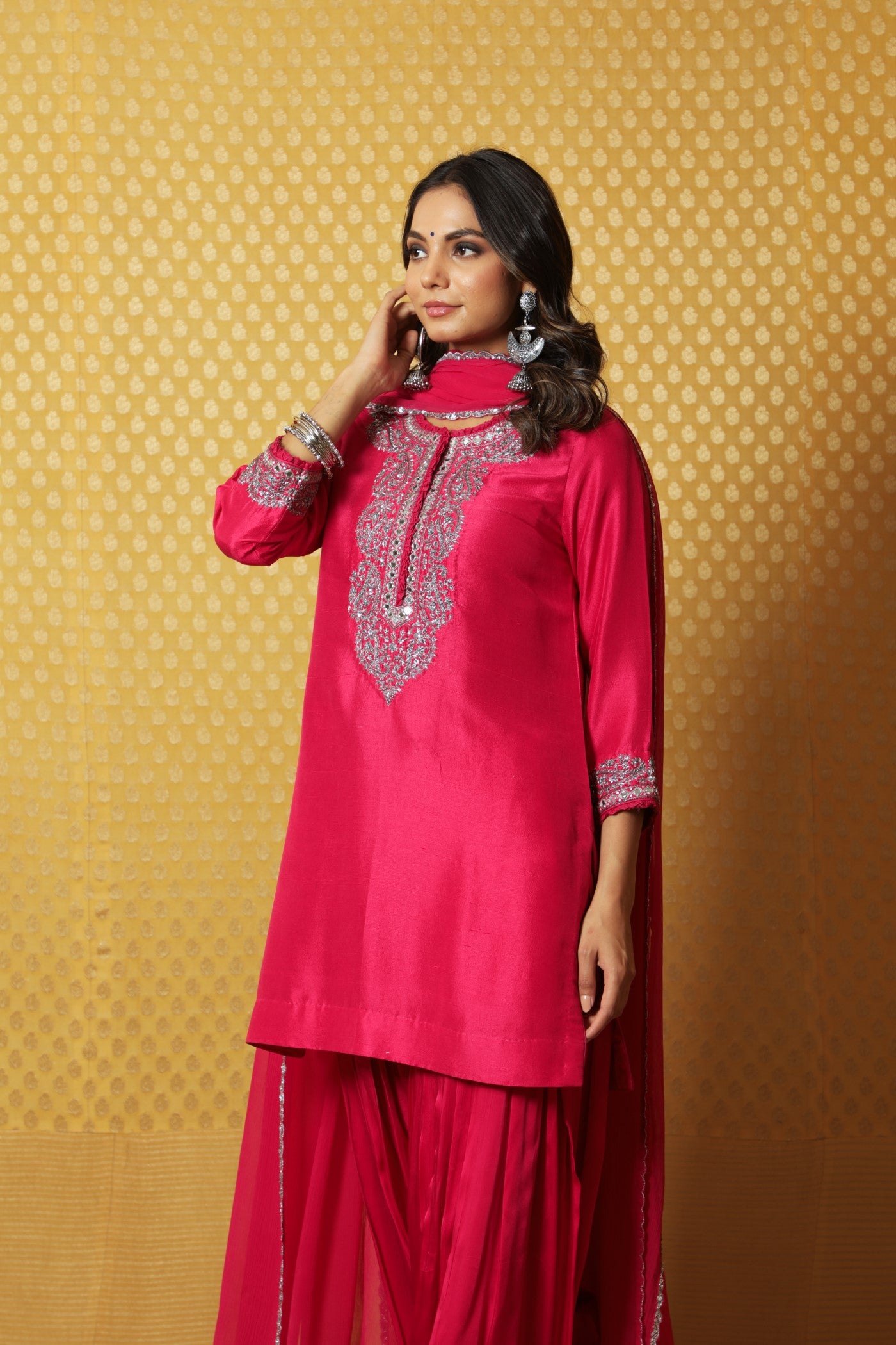 Hand-Embroidered Rani-Pink Pure Raw-Silk Short Kurta-Patiala Salwar Set