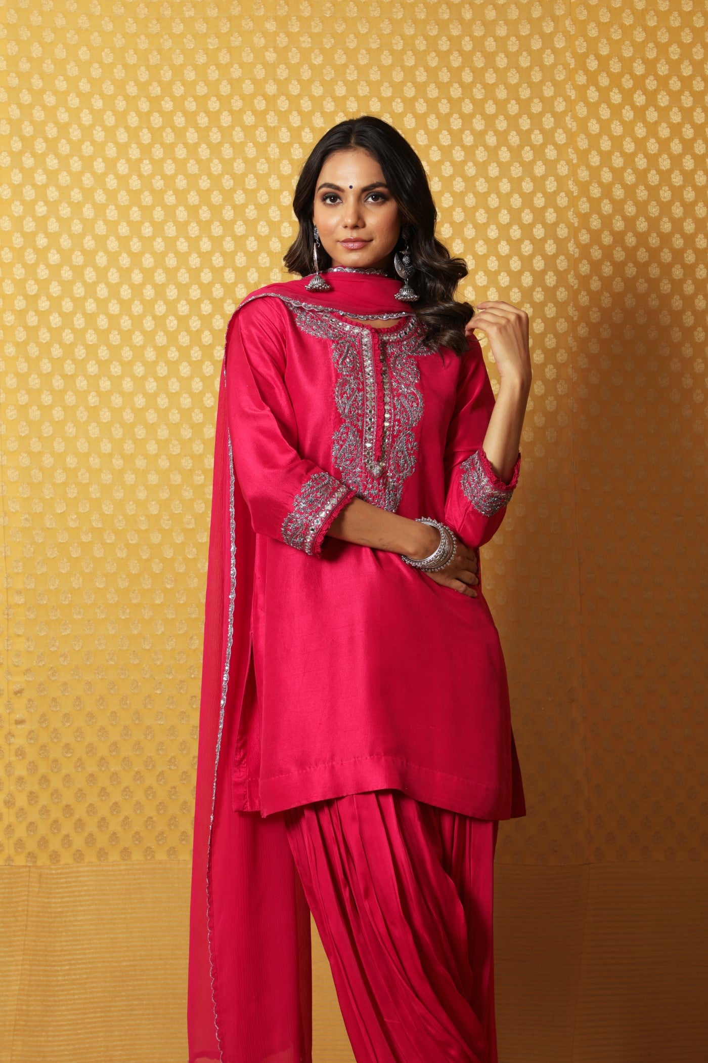 Hand-Embroidered Rani-Pink Pure Raw-Silk Short Kurta-Patiala Salwar Set