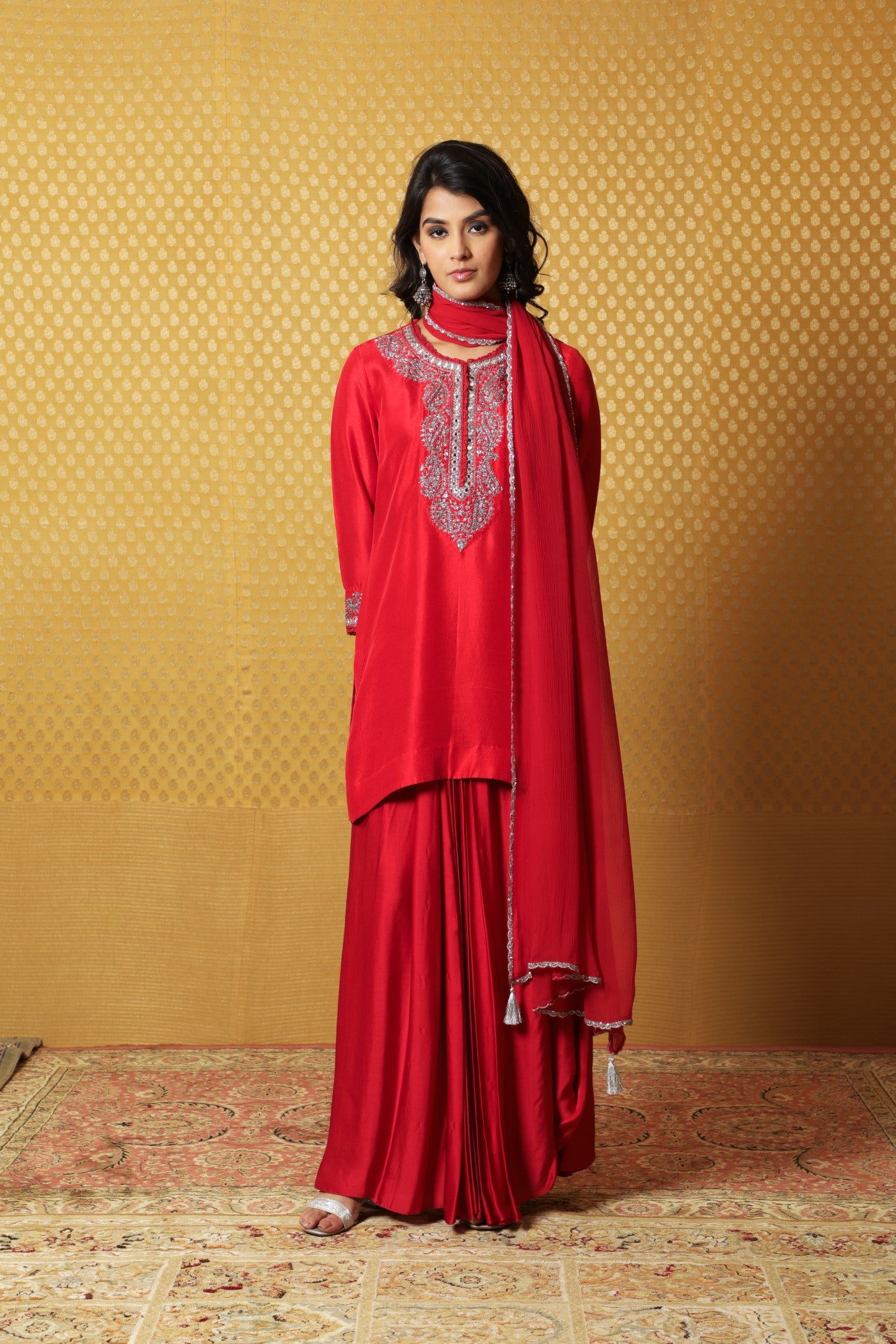 Hand-Embroidered Tomato-Red Pure Raw- Silk Short Kurta-Draped Skirt Set
