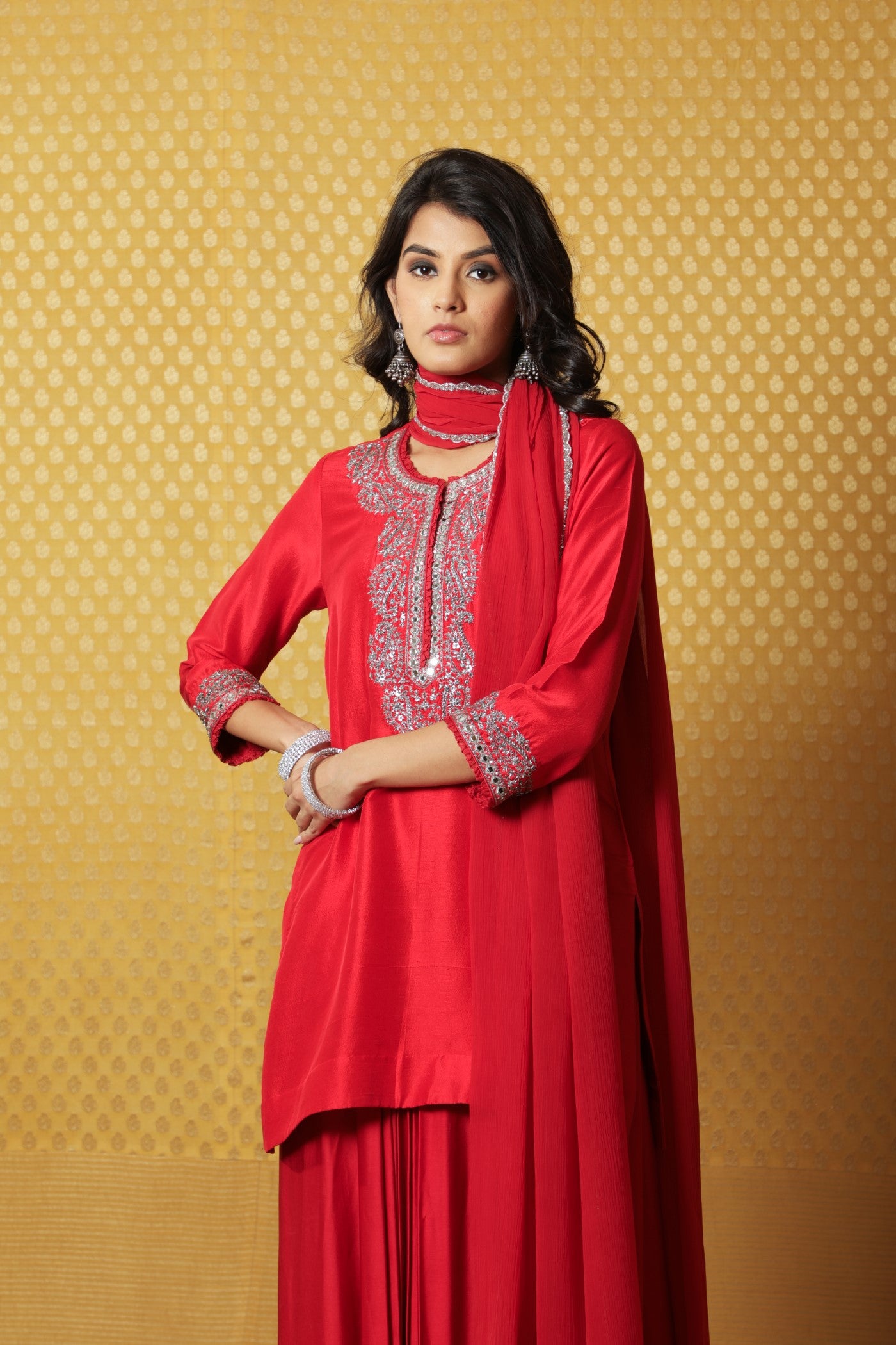 Hand-Embroidered Tomato-Red Pure Raw- Silk Short Kurta-Draped Skirt Set