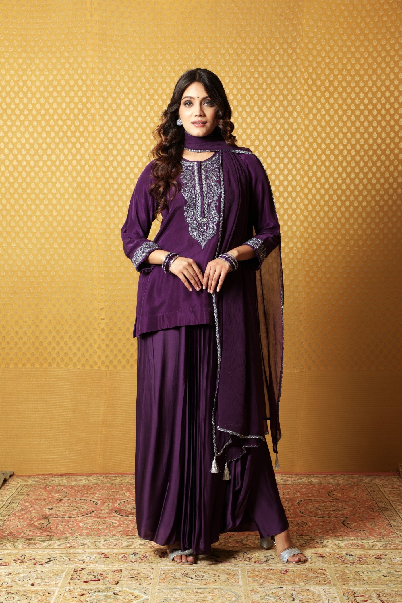 Hand-Embroidered Aubergine Pure Silk Short Kurta-Draped Skirt Set
