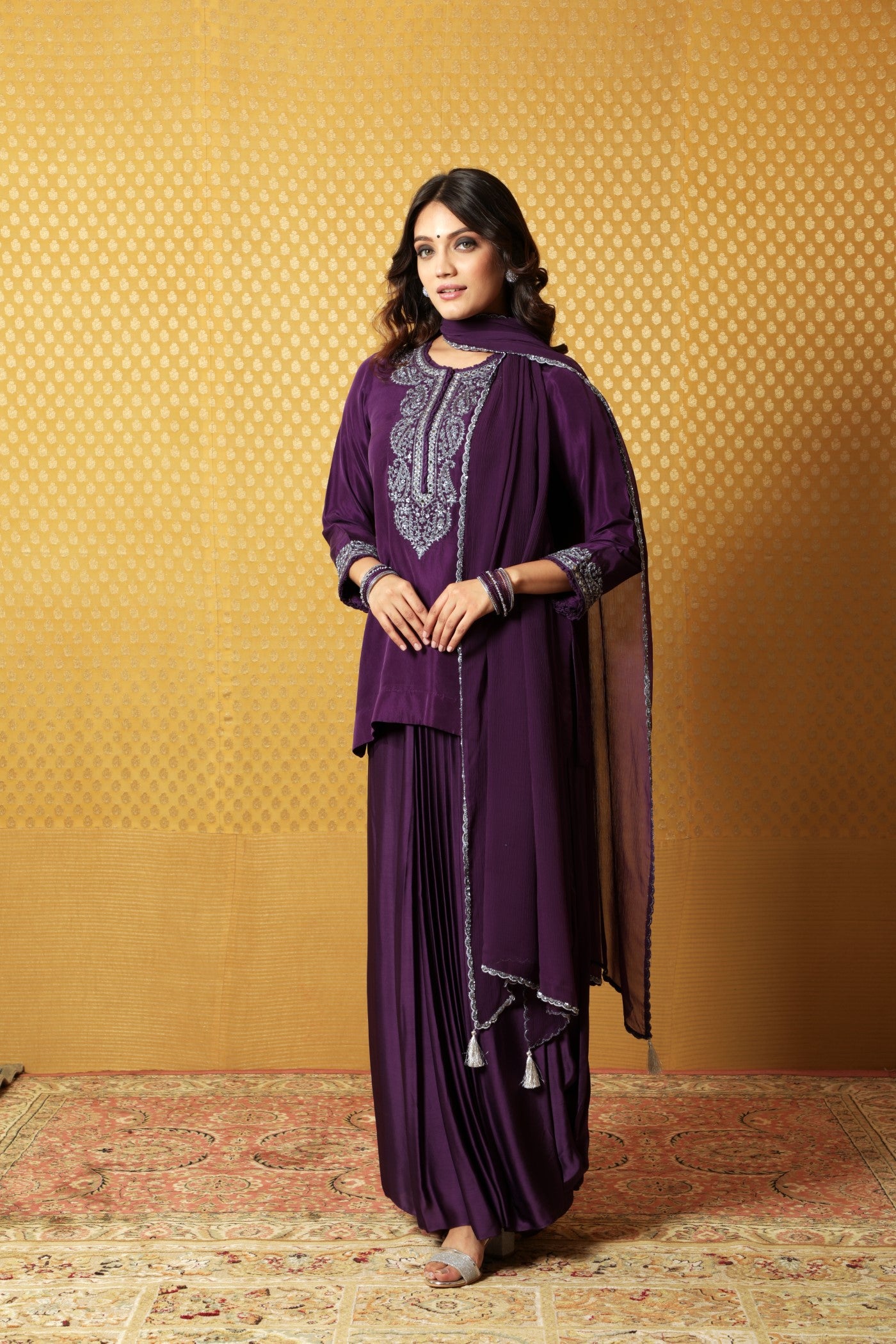 Hand-Embroidered Aubergine Pure Silk Short Kurta-Draped Skirt Set