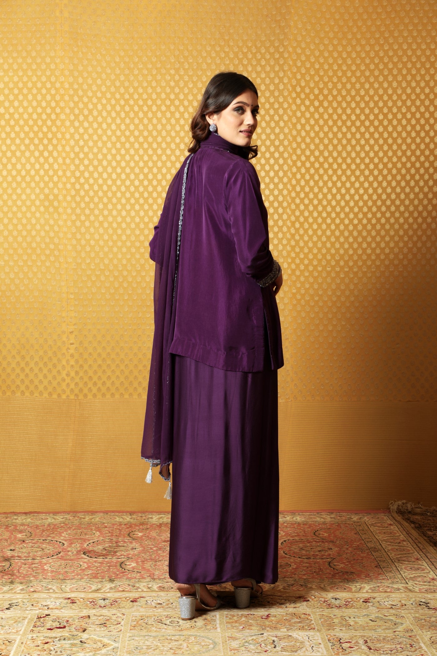 Hand-Embroidered Aubergine Pure Silk Short Kurta-Draped Skirt Set
