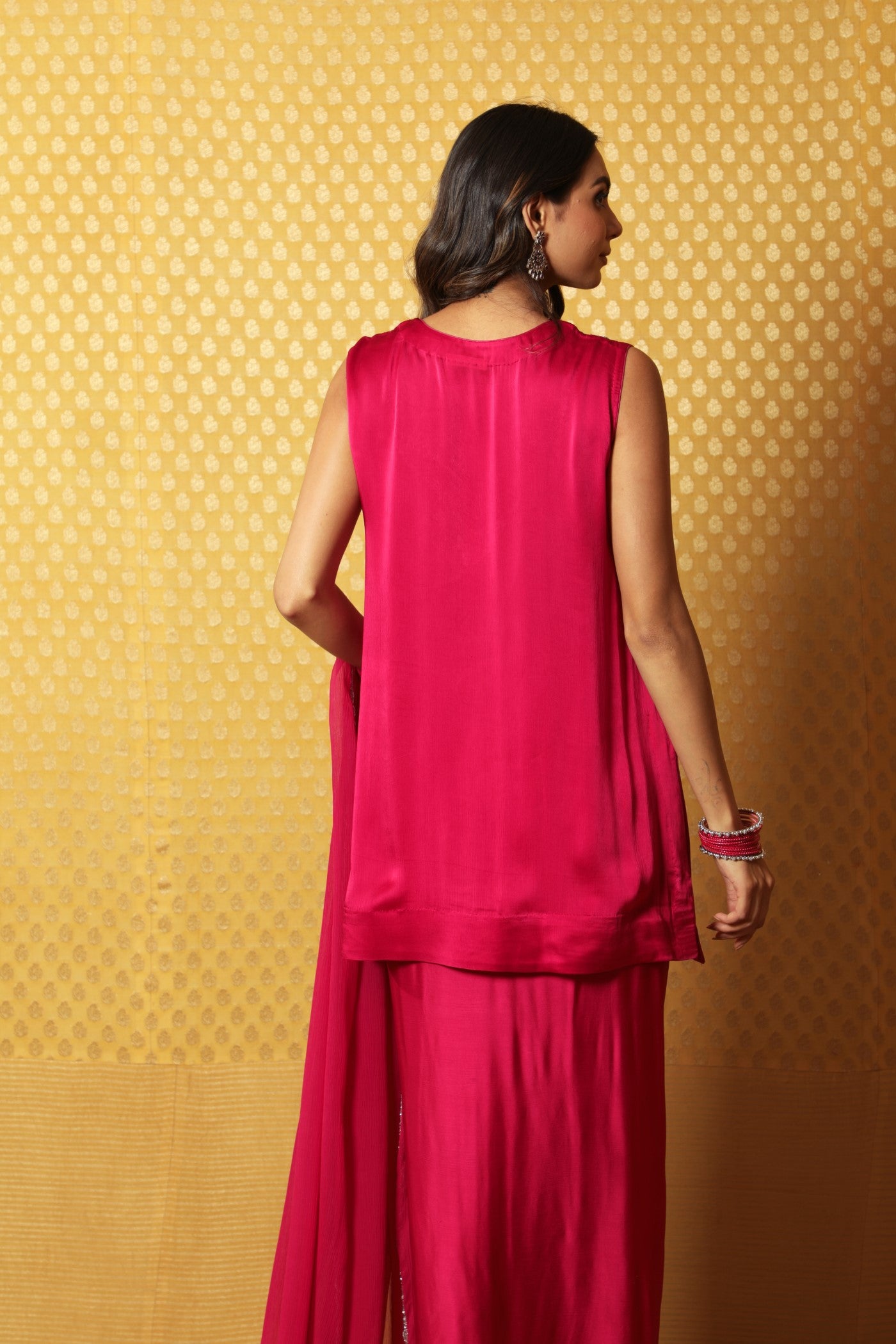 Jazzy-Pink Hand-Embroidered Satin-Silk Short Kurta-Dhoti Skirt Set
