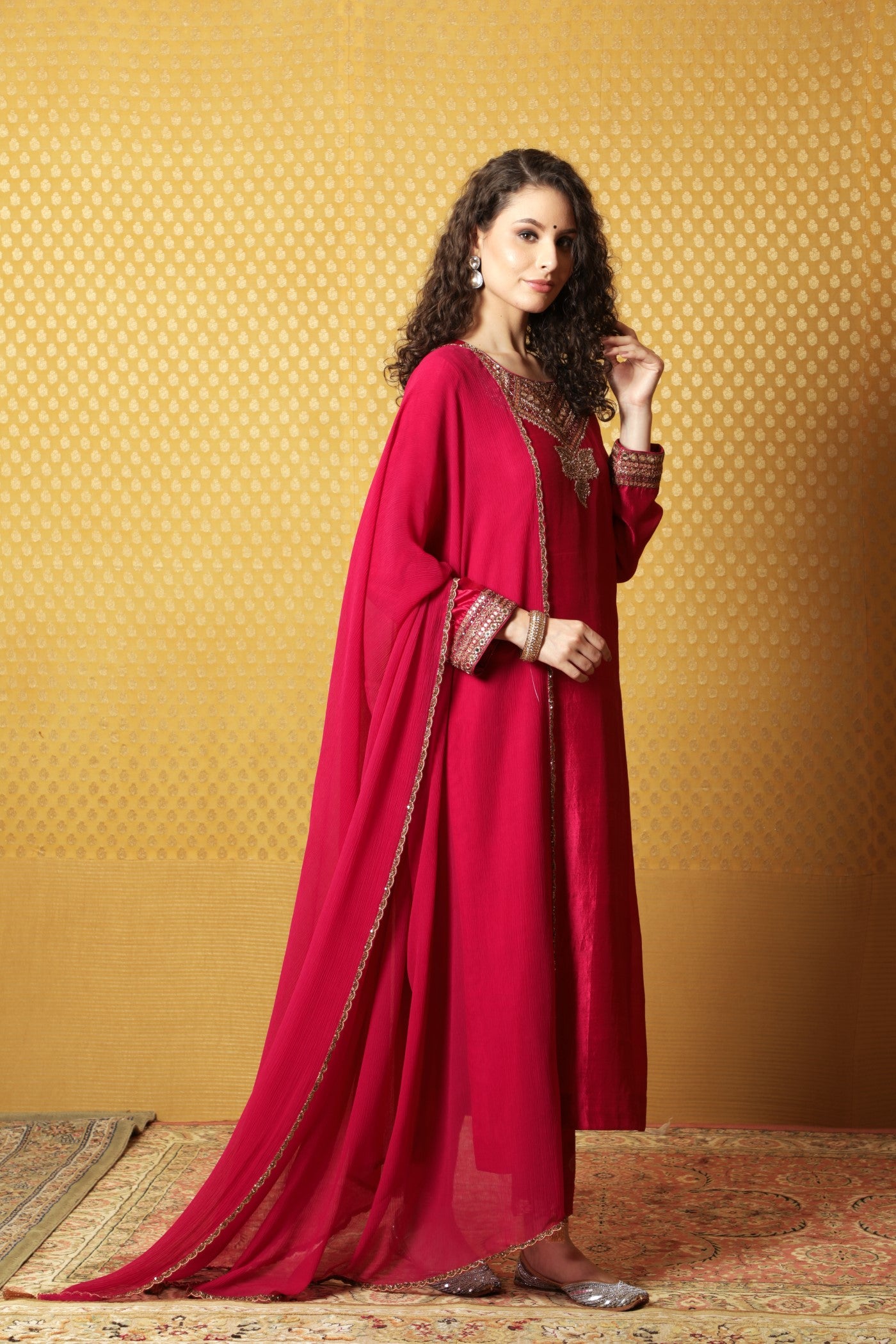 Jazzy-Pink Hand-Embroidered Pure Silk Kurta-Pants Set