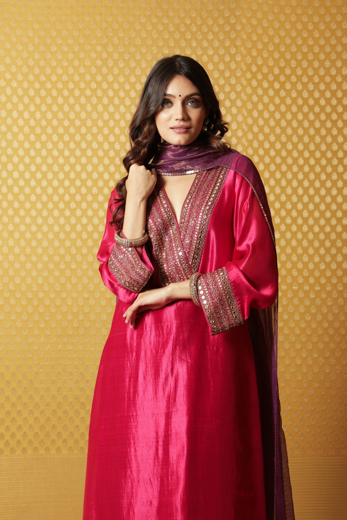 Hand-Embroidered Dusty Lime Pure Silk Kurta-Pants Set (Purple Pants & Dupatta)