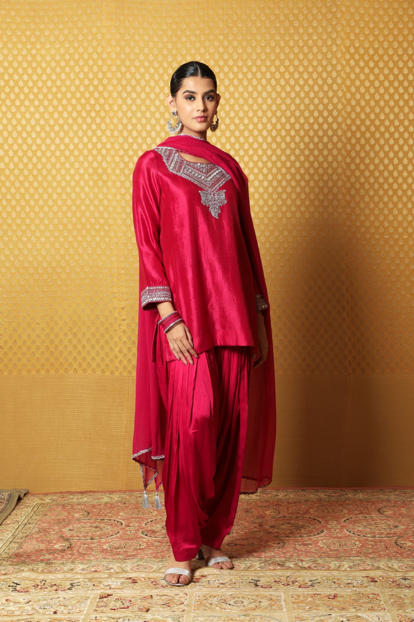 Jazzy-Pink Hand-Embroidered Pure Silk Short Kurta-Patiala Salwar Set