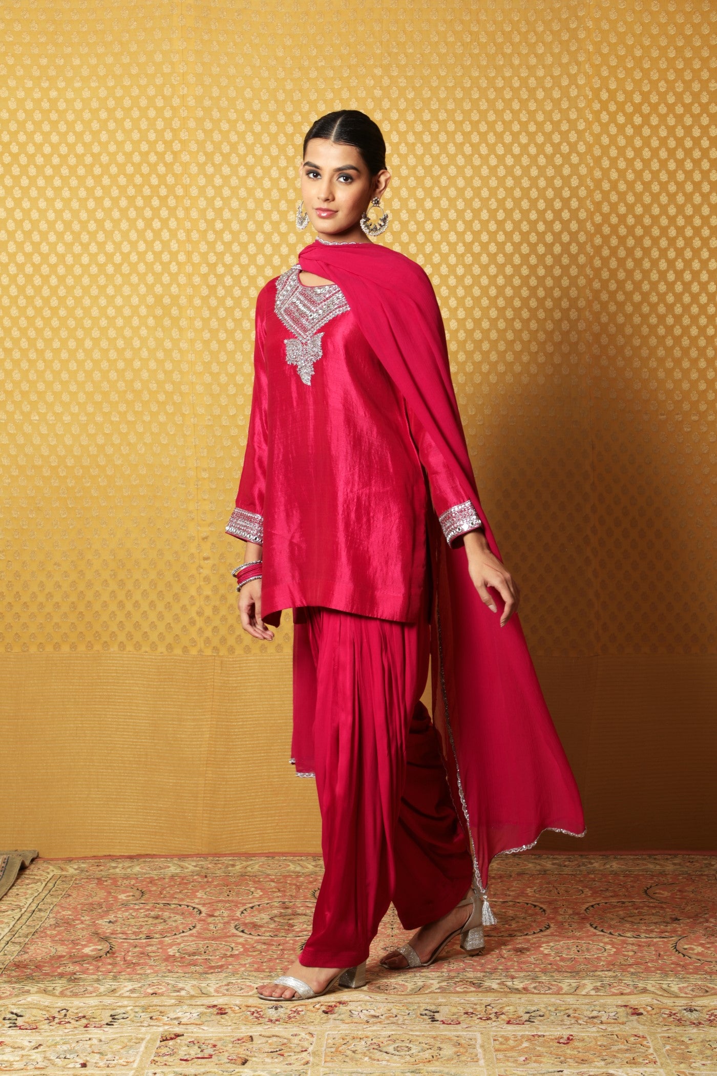 Jazzy-Pink Hand-Embroidered Pure Silk Short Kurta-Patiala Salwar Set