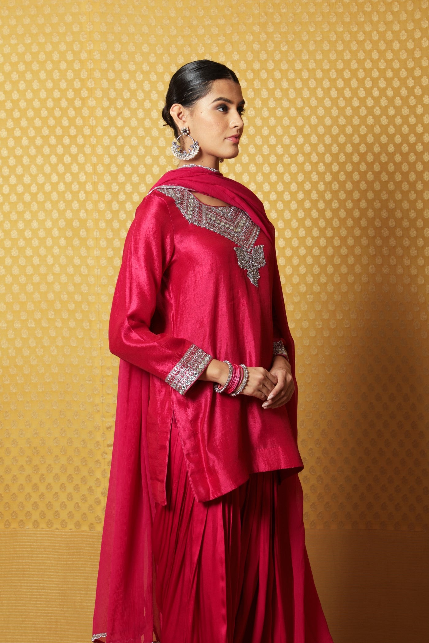 Jazzy-Pink Hand-Embroidered Pure Silk Short Kurta-Patiala Salwar Set
