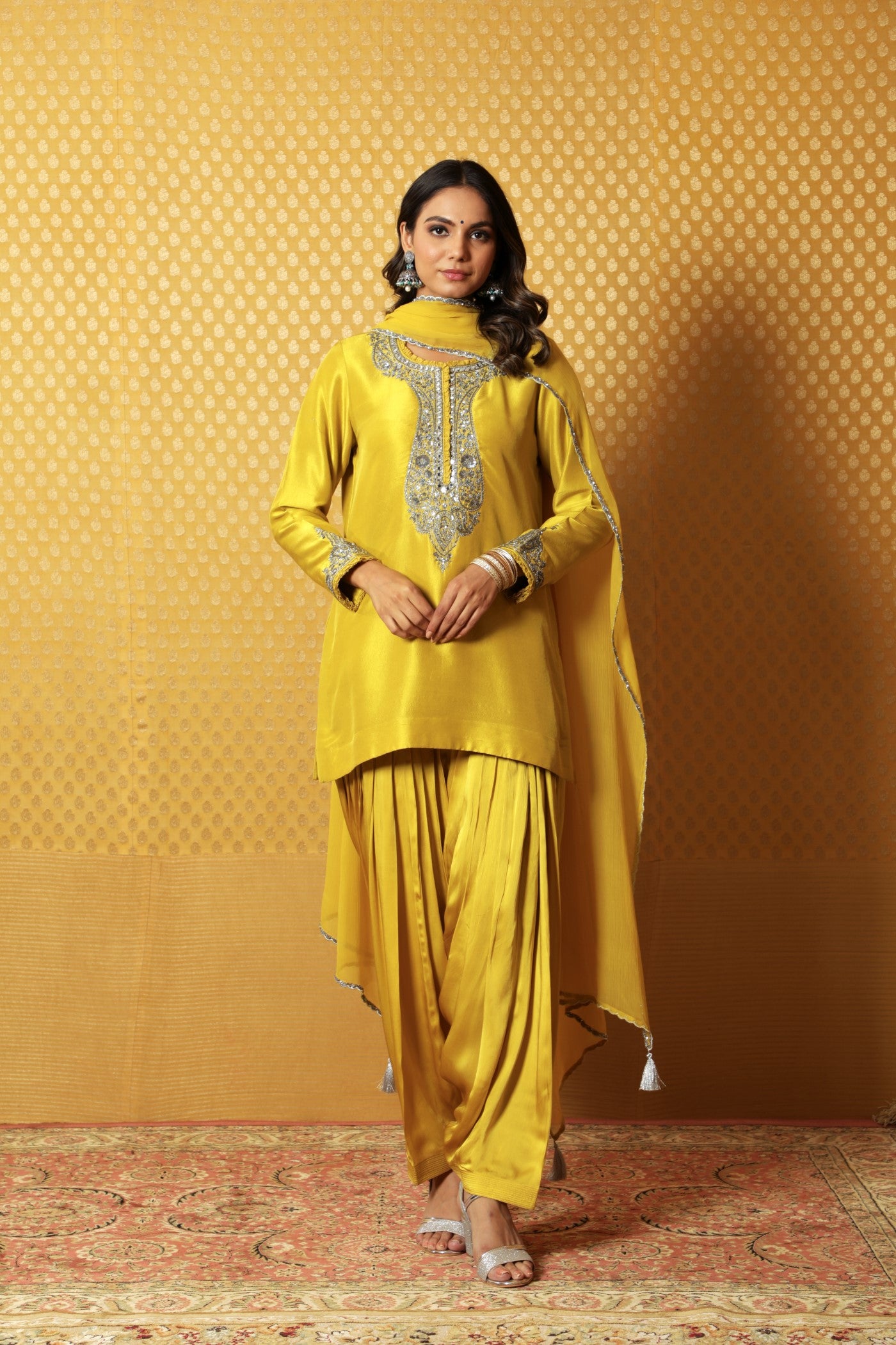 Dusty-Lime Hand-Embroidered Pure Silk Short Kurta-Patiala Salwar Set