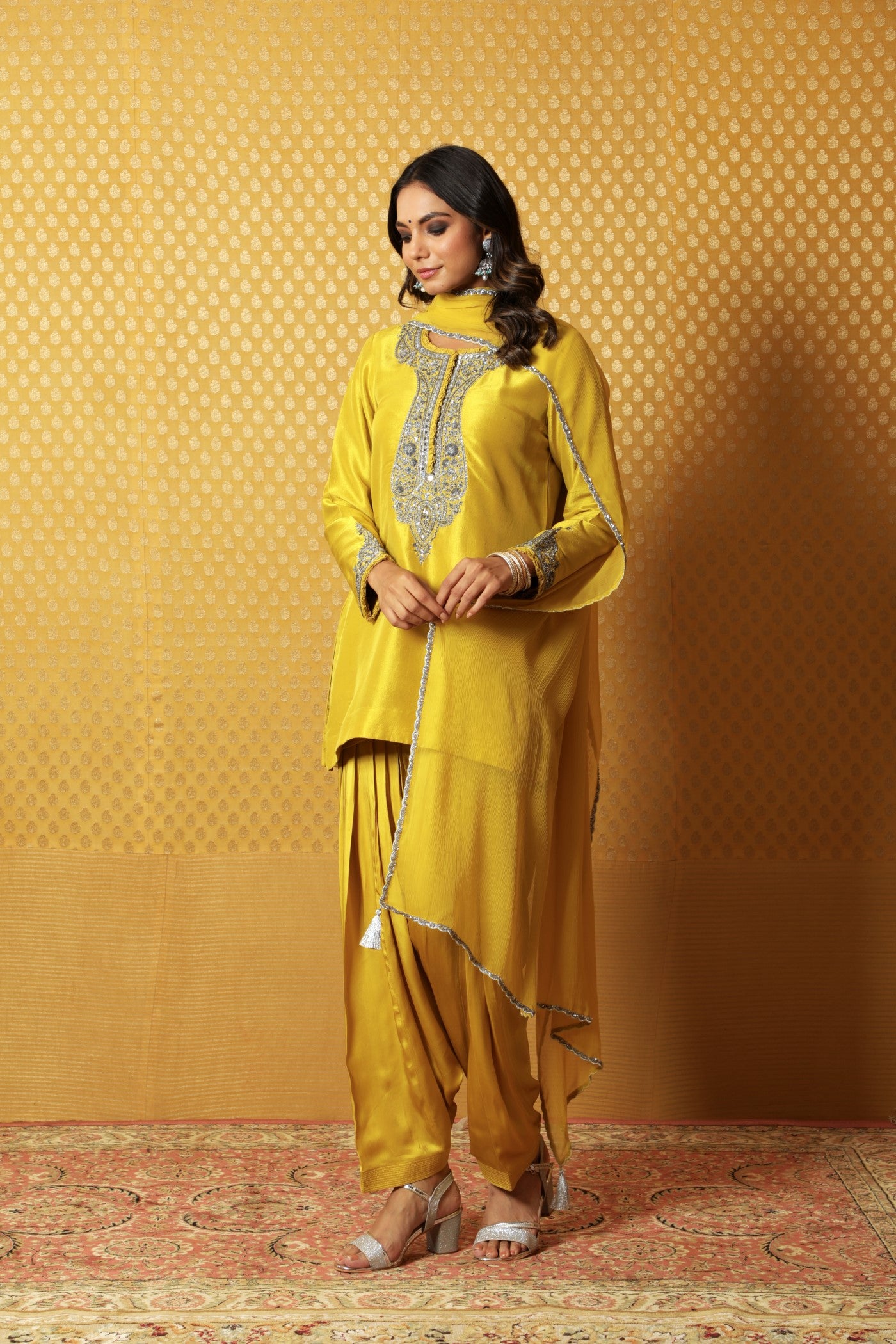 Dusty-Lime Hand-Embroidered Pure Silk Short Kurta-Patiala Salwar Set